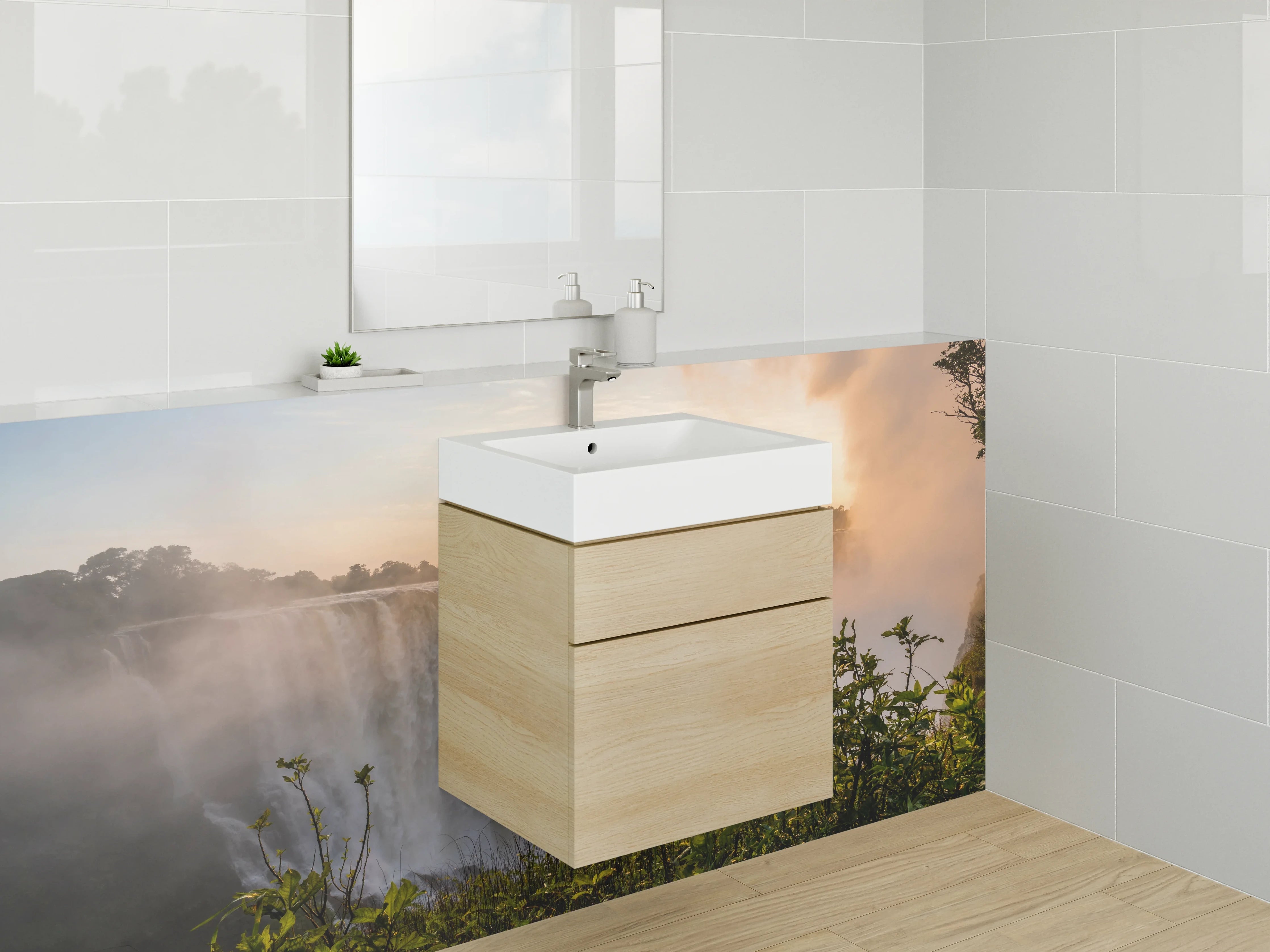 Waschbecken-Rückwand - Wasserfall Sonnenuntergang Natur-Panorama