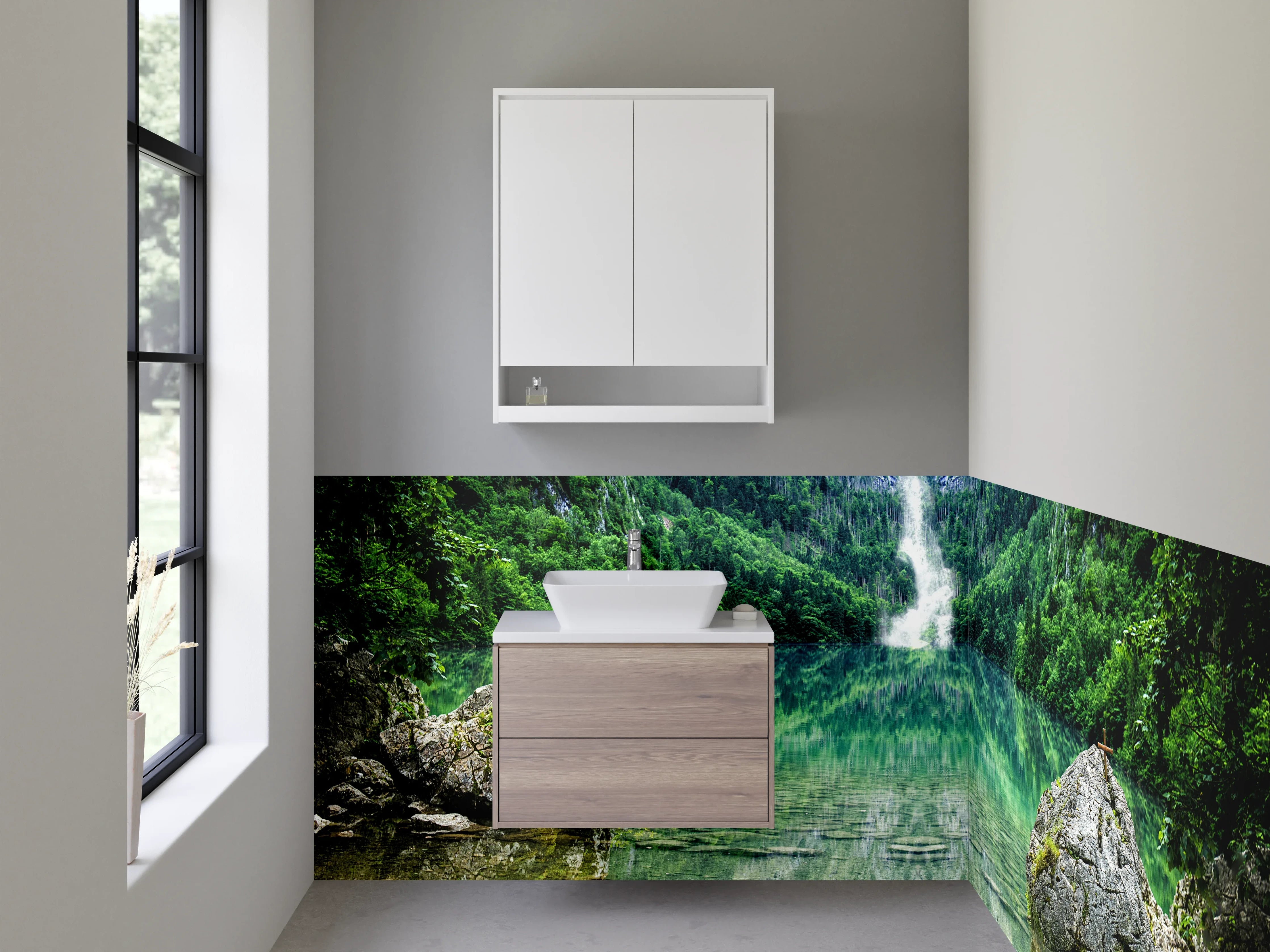 Waschbecken-Rückwand - Wasserfall am See – Naturidylle