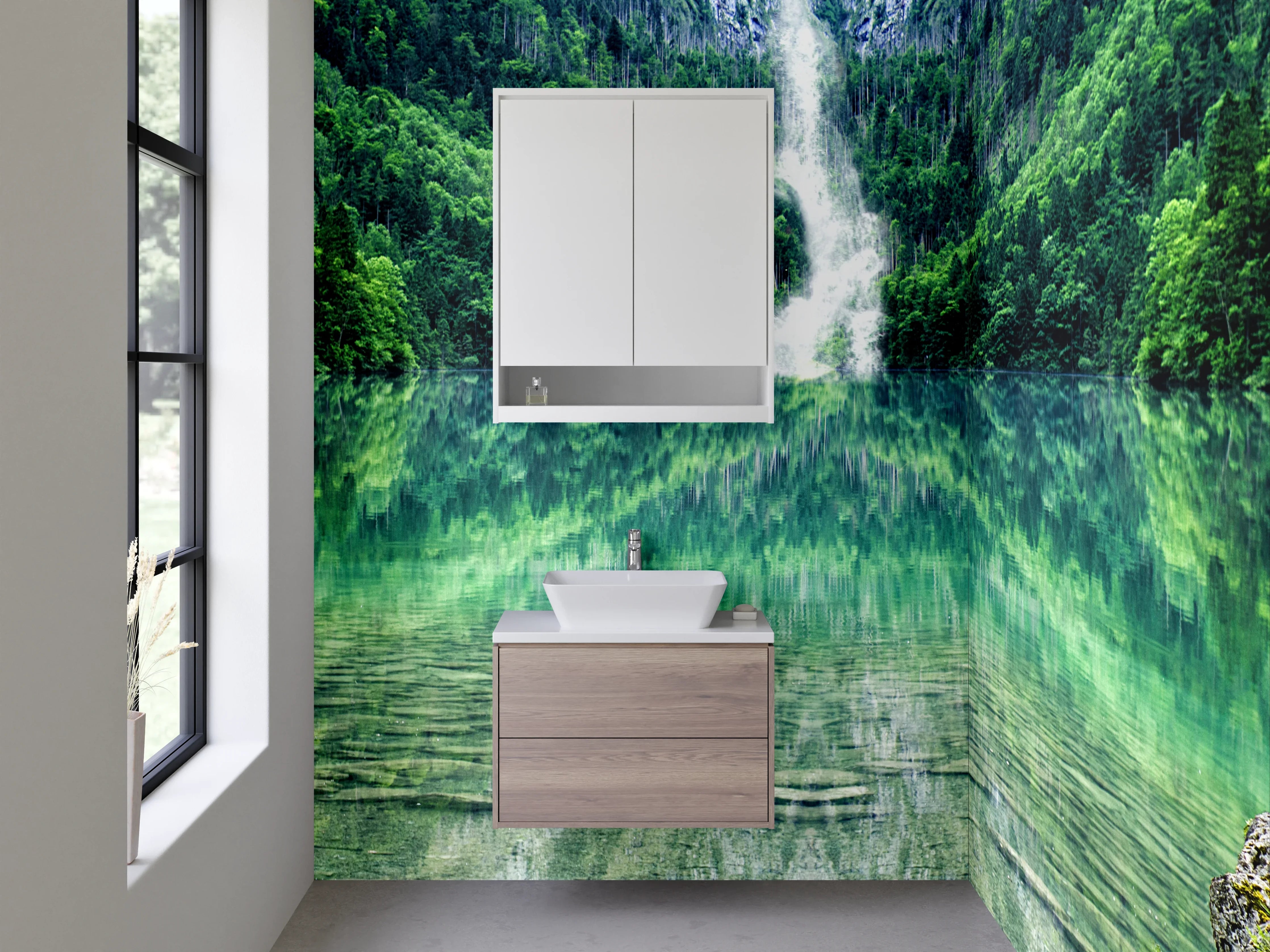 Waschbecken-Rückwand - Wasserfall am See – Naturidylle