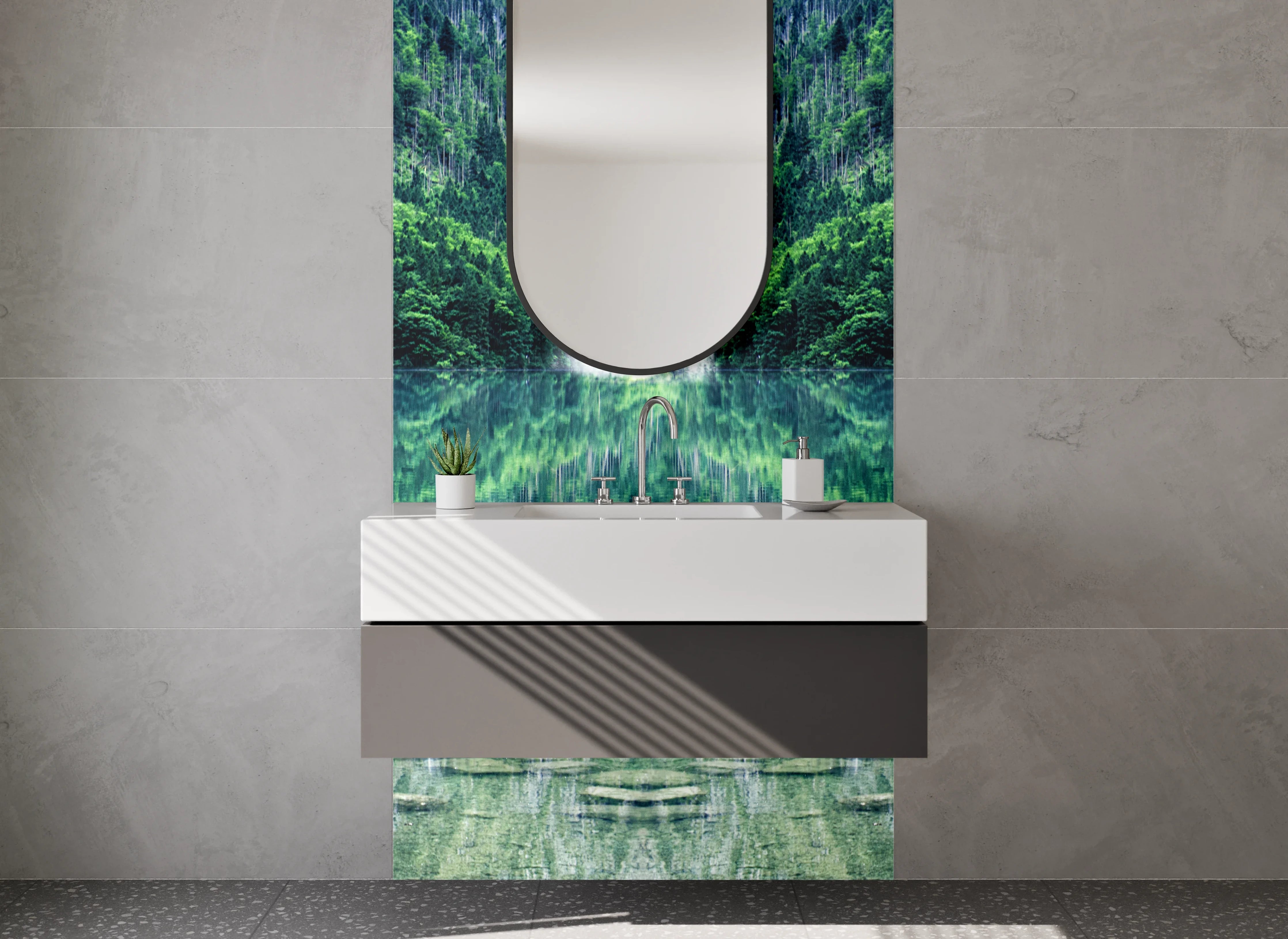 Waschbecken-Rückwand - Wasserfall am See – Naturidylle