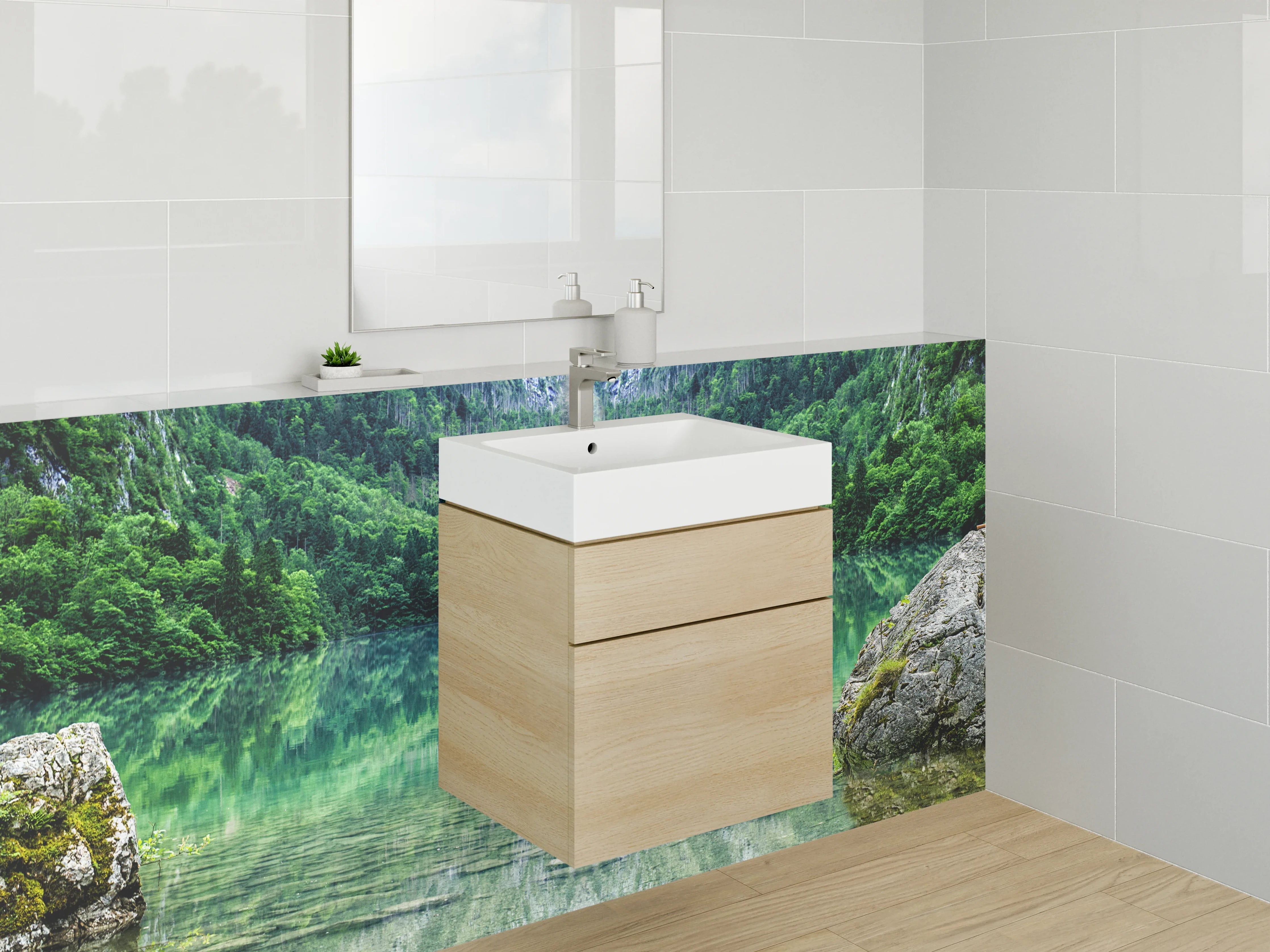 Waschbecken-Rückwand - Wasserfall am See – Naturidylle