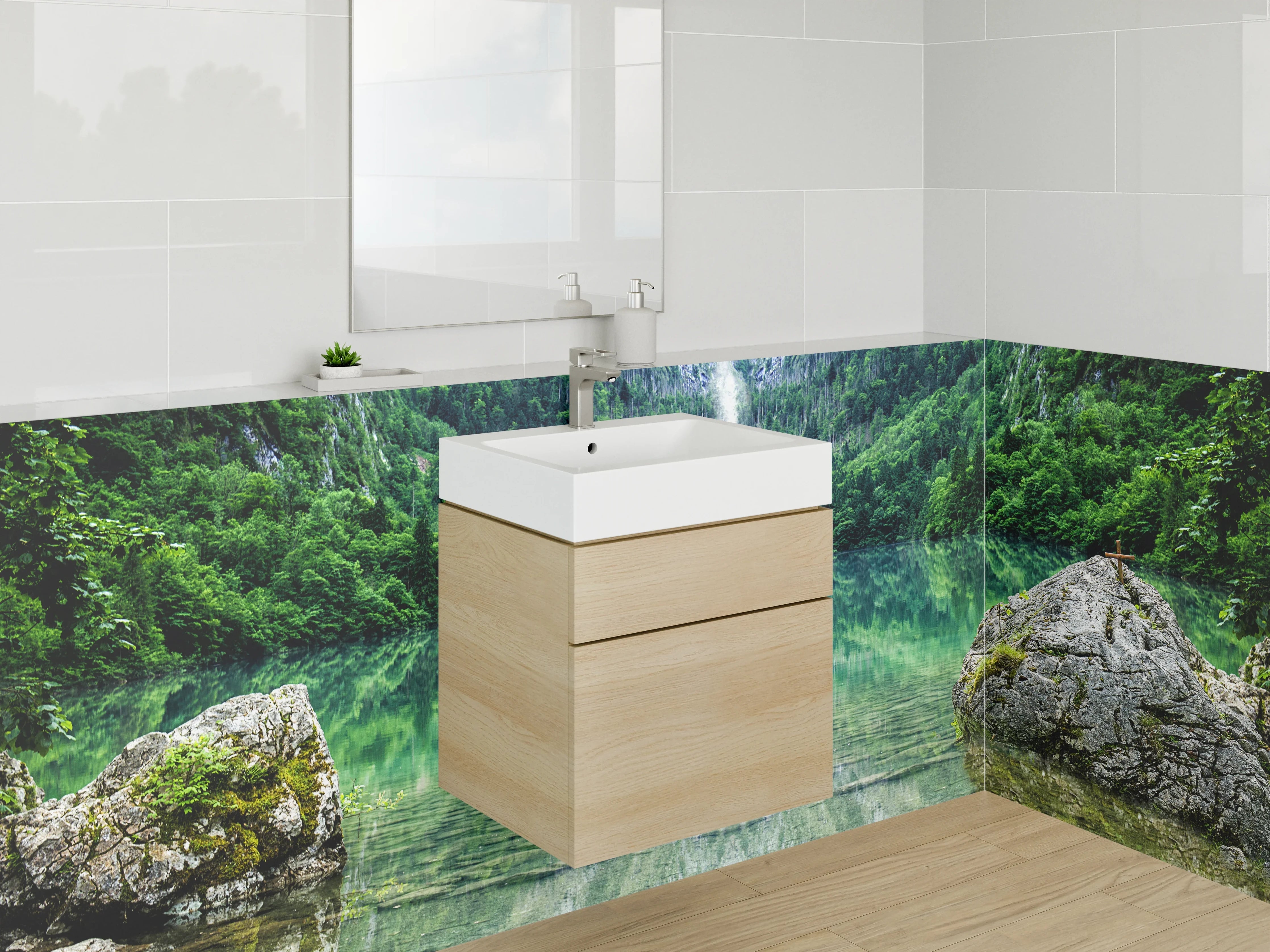 Waschbecken-Rückwand - Wasserfall am See – Naturidylle