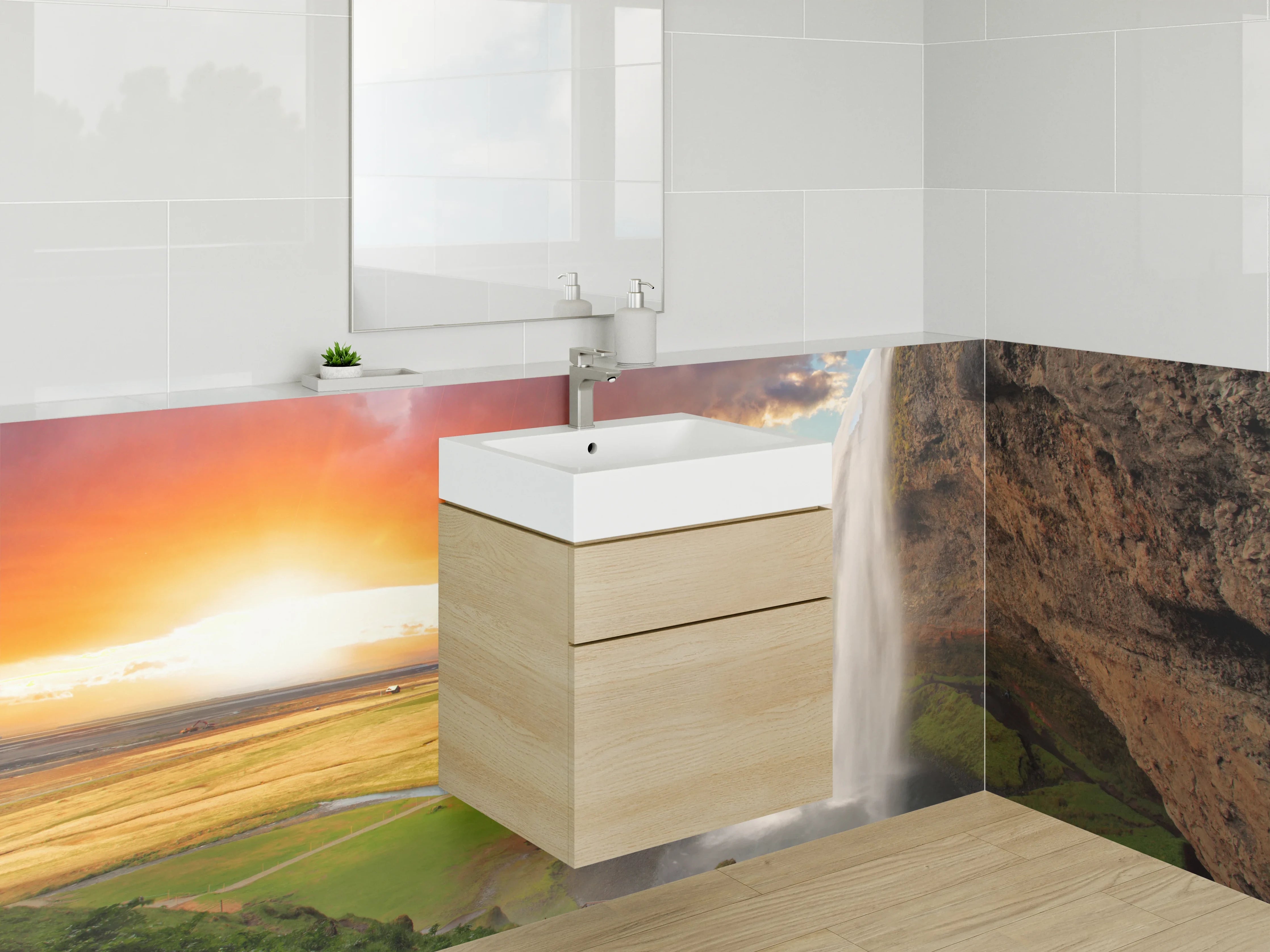Waschbecken-Rückwand - Wasserfall bei Sonnenuntergang – Naturfotografie
