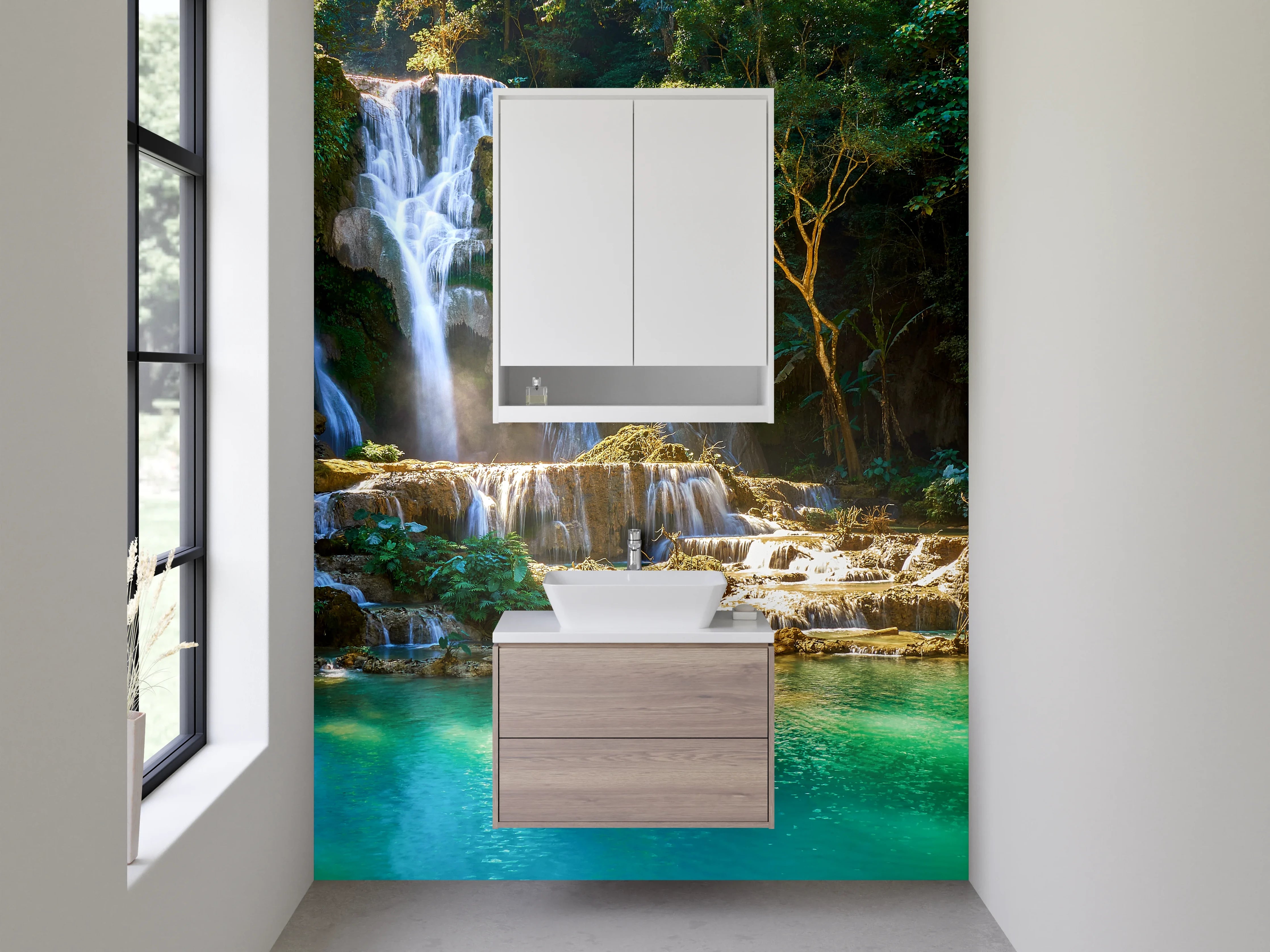Waschbecken-Rückwand - Wasserfall im Dschungel – Naturidylle