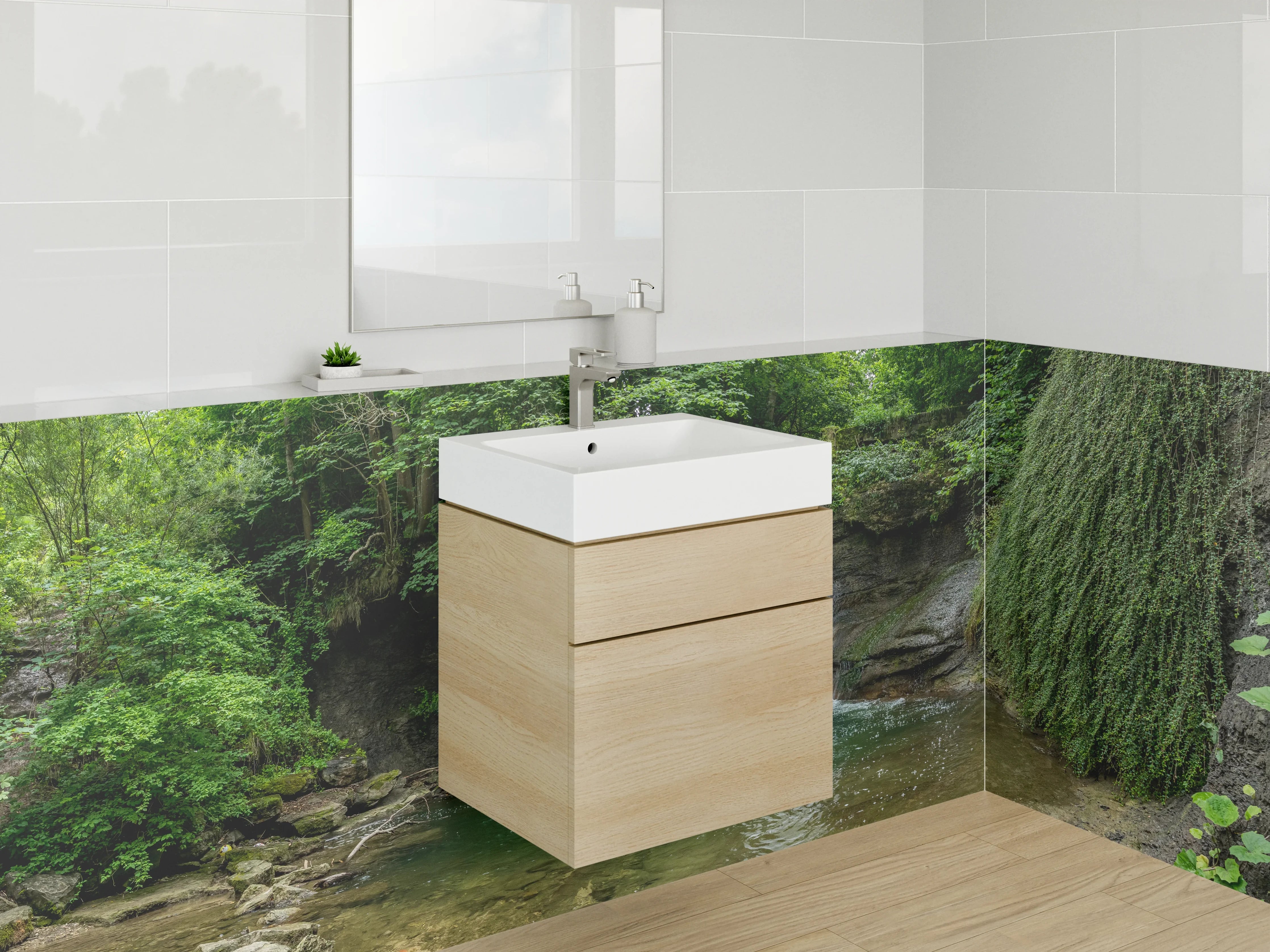 Waschbecken-Rückwand - Wasserfall im idyllischen Wald