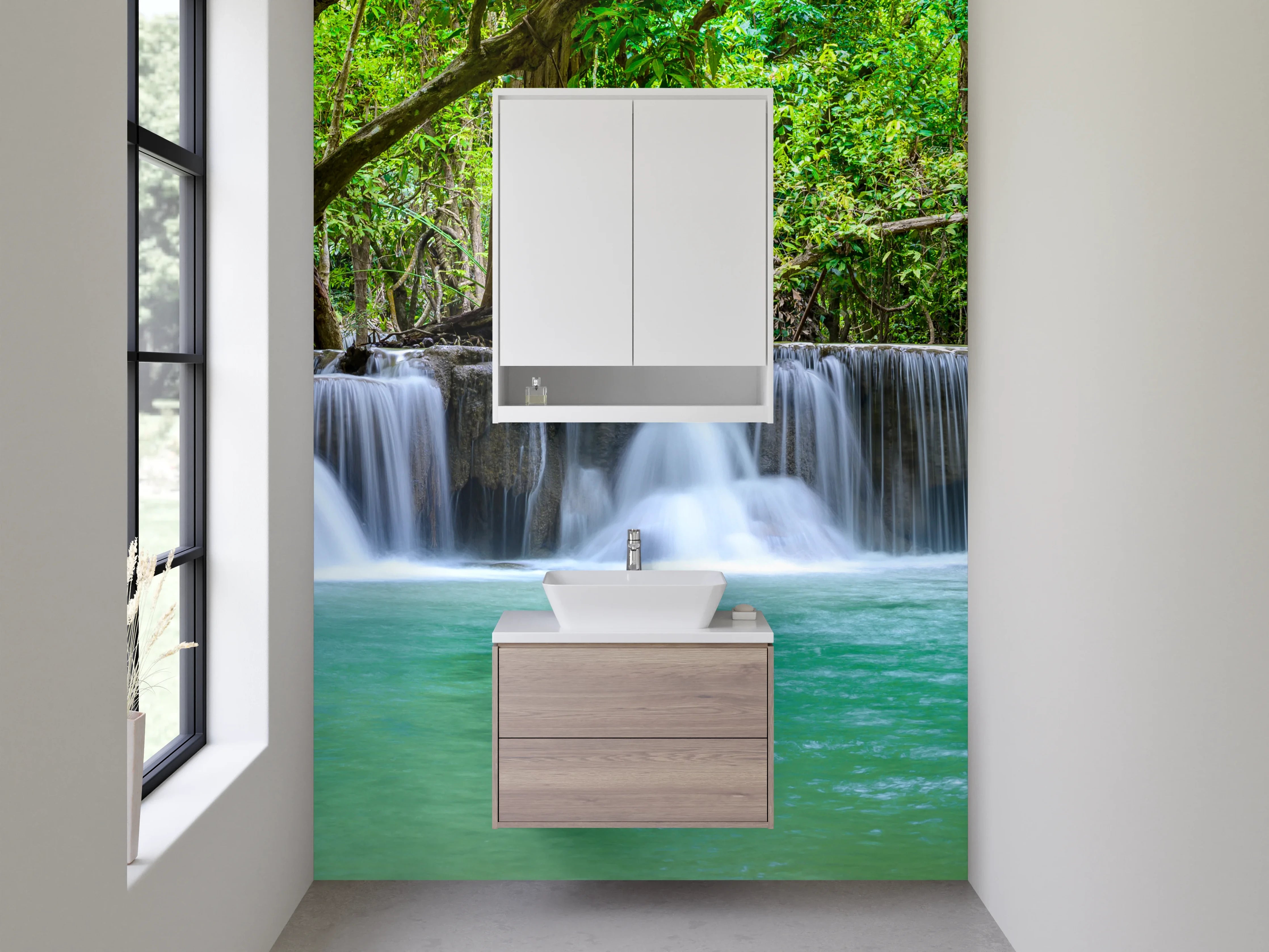 Waschbecken-Rückwand - Wasserfall im tropischen Wald Panorama