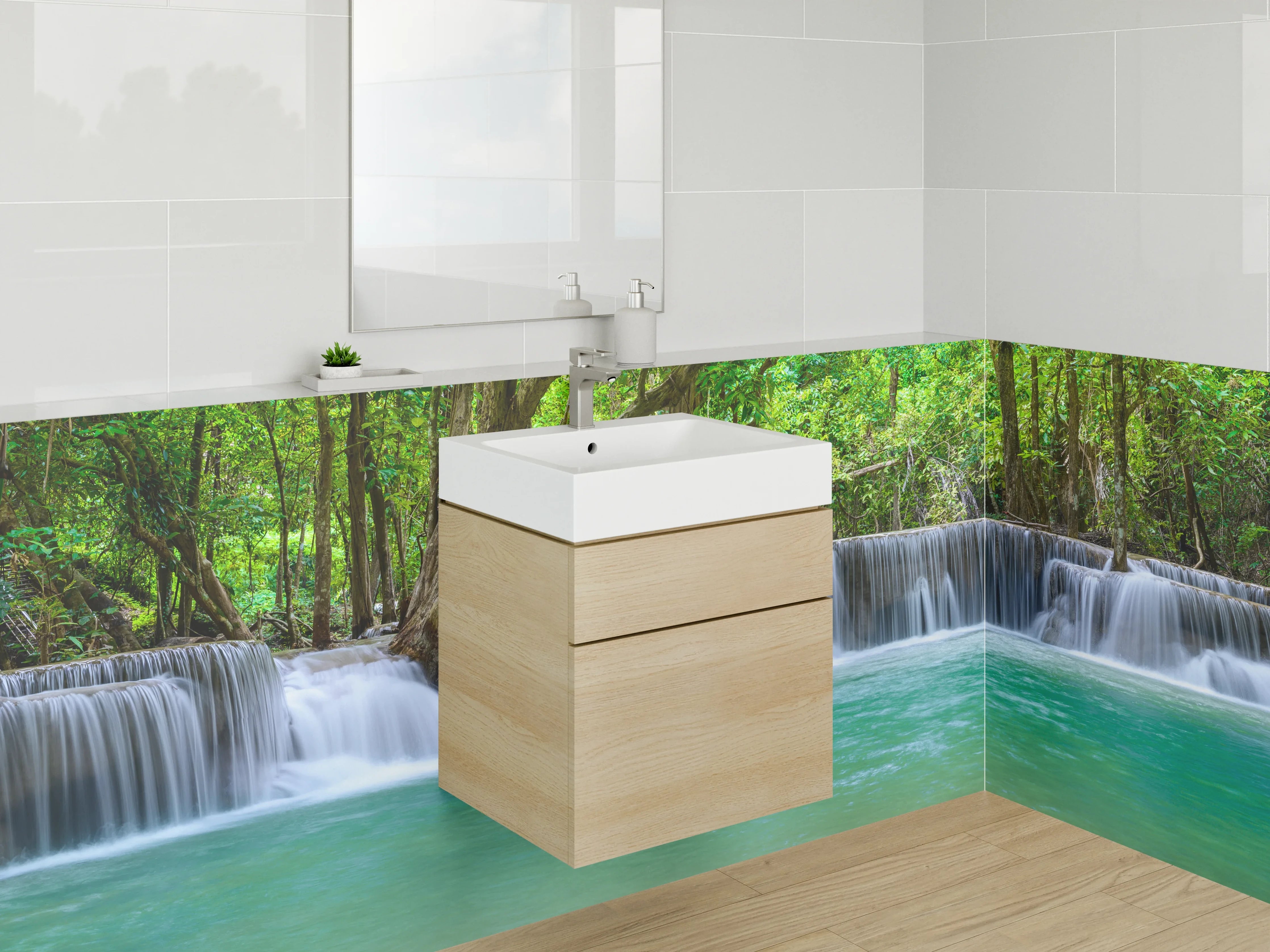 Waschbecken-Rückwand - Wasserfall im tropischen Wald Panorama