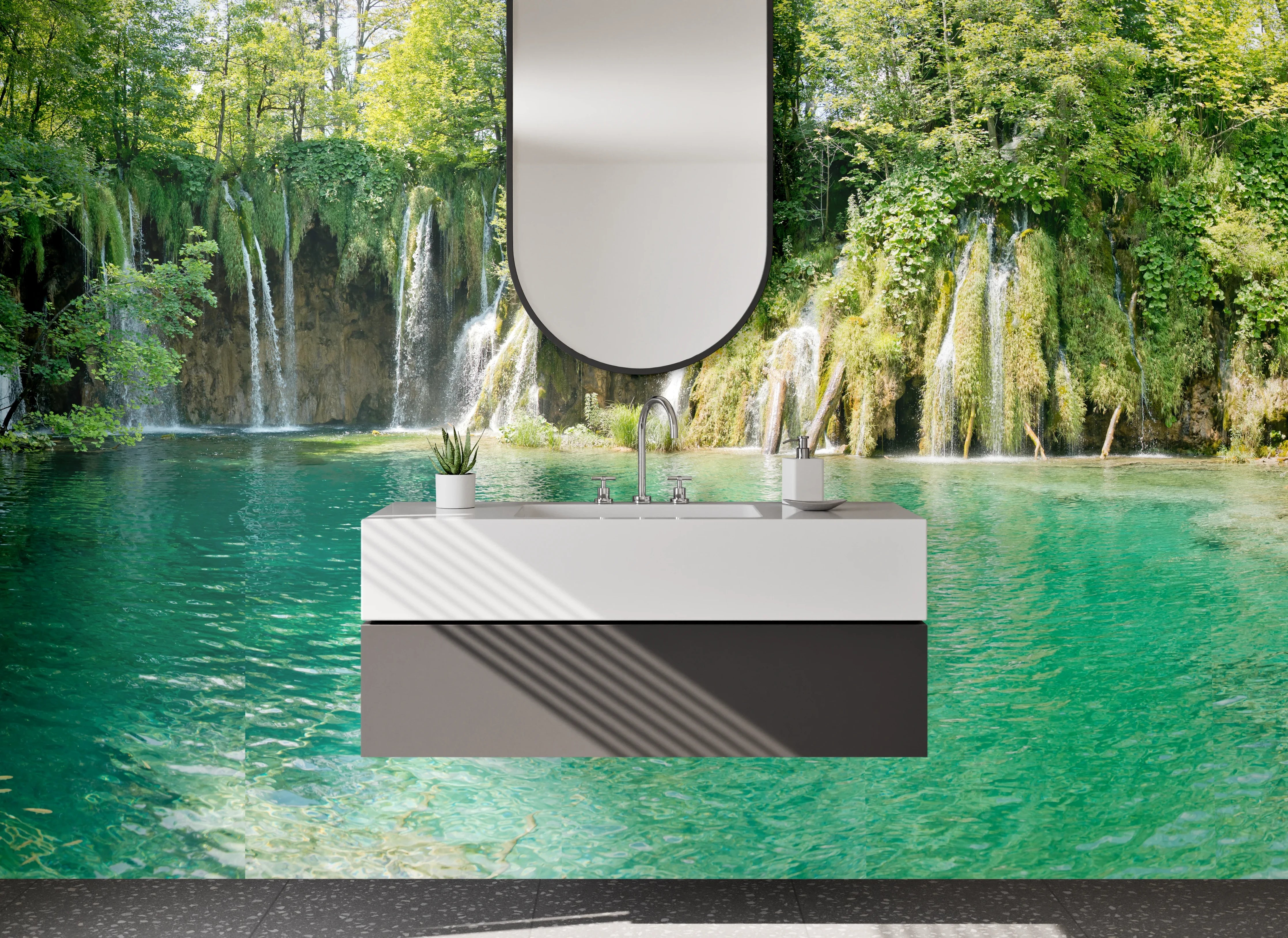 Waschbecken-Rückwand - Wasserfallpanorama – Kristallklarer Naturgenuss