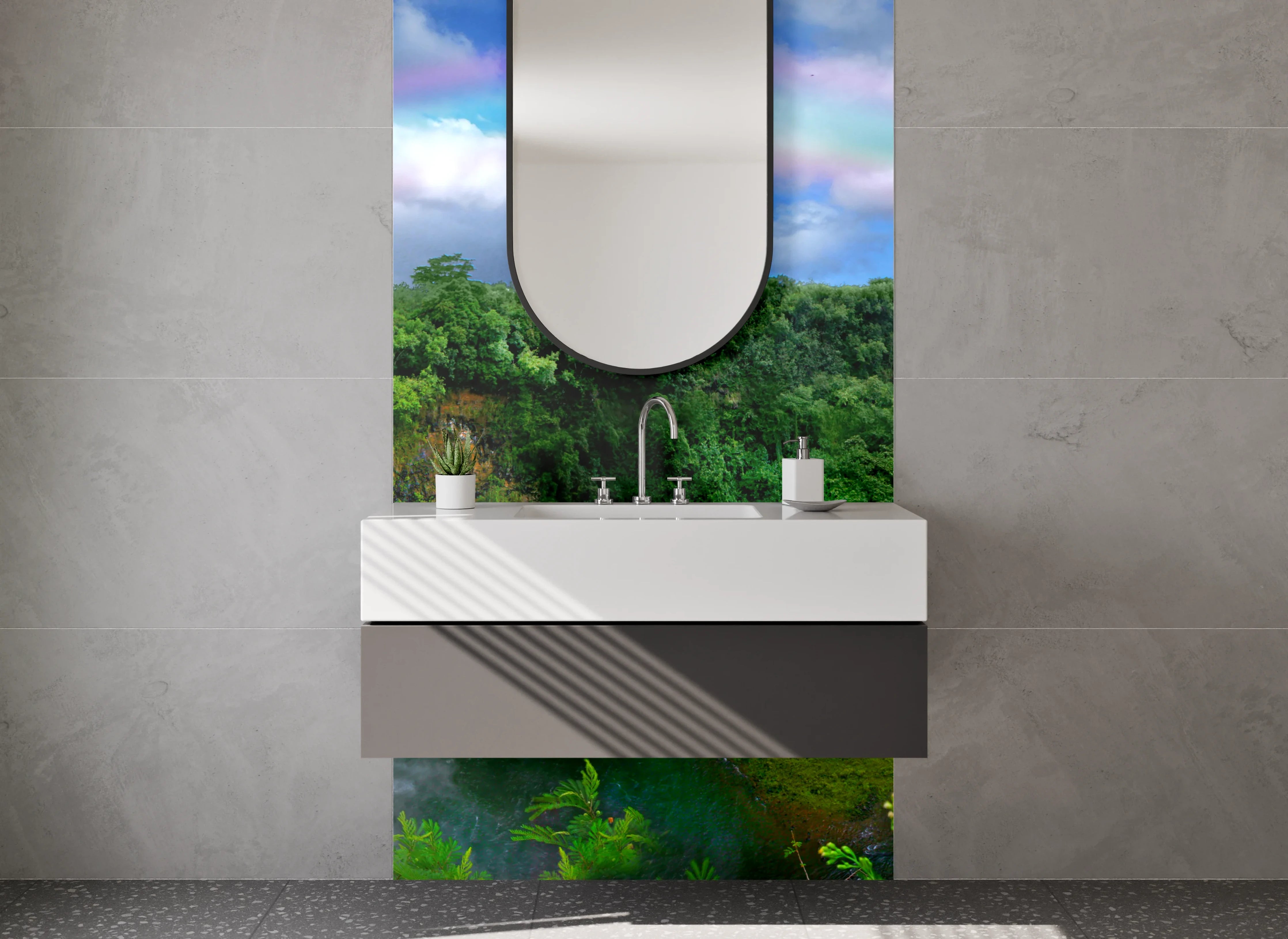 Waschbecken-Rückwand - Wasserfallparadies mit Regenbogen