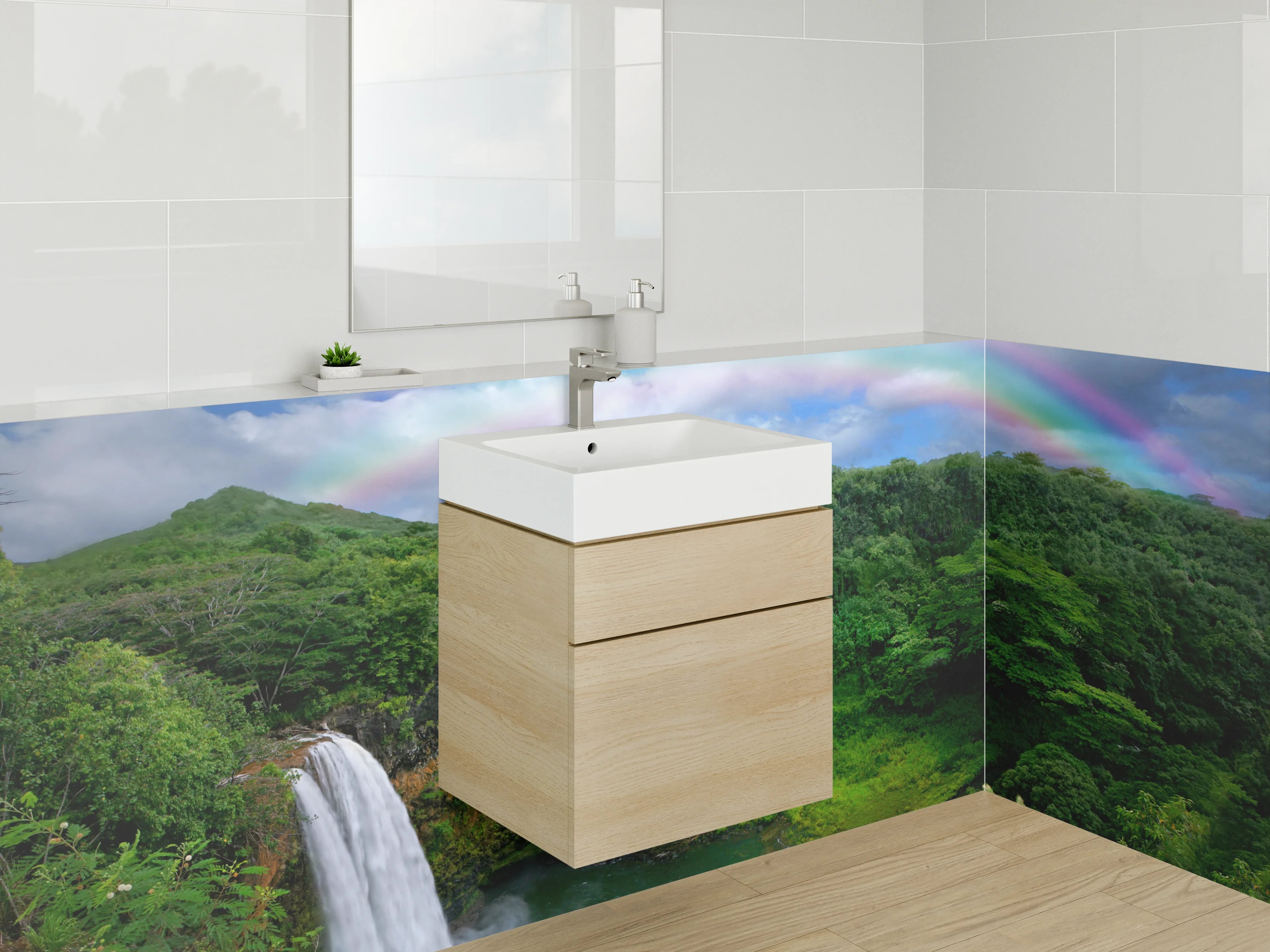 Waschbecken-Rückwand - Wasserfallparadies mit Regenbogen