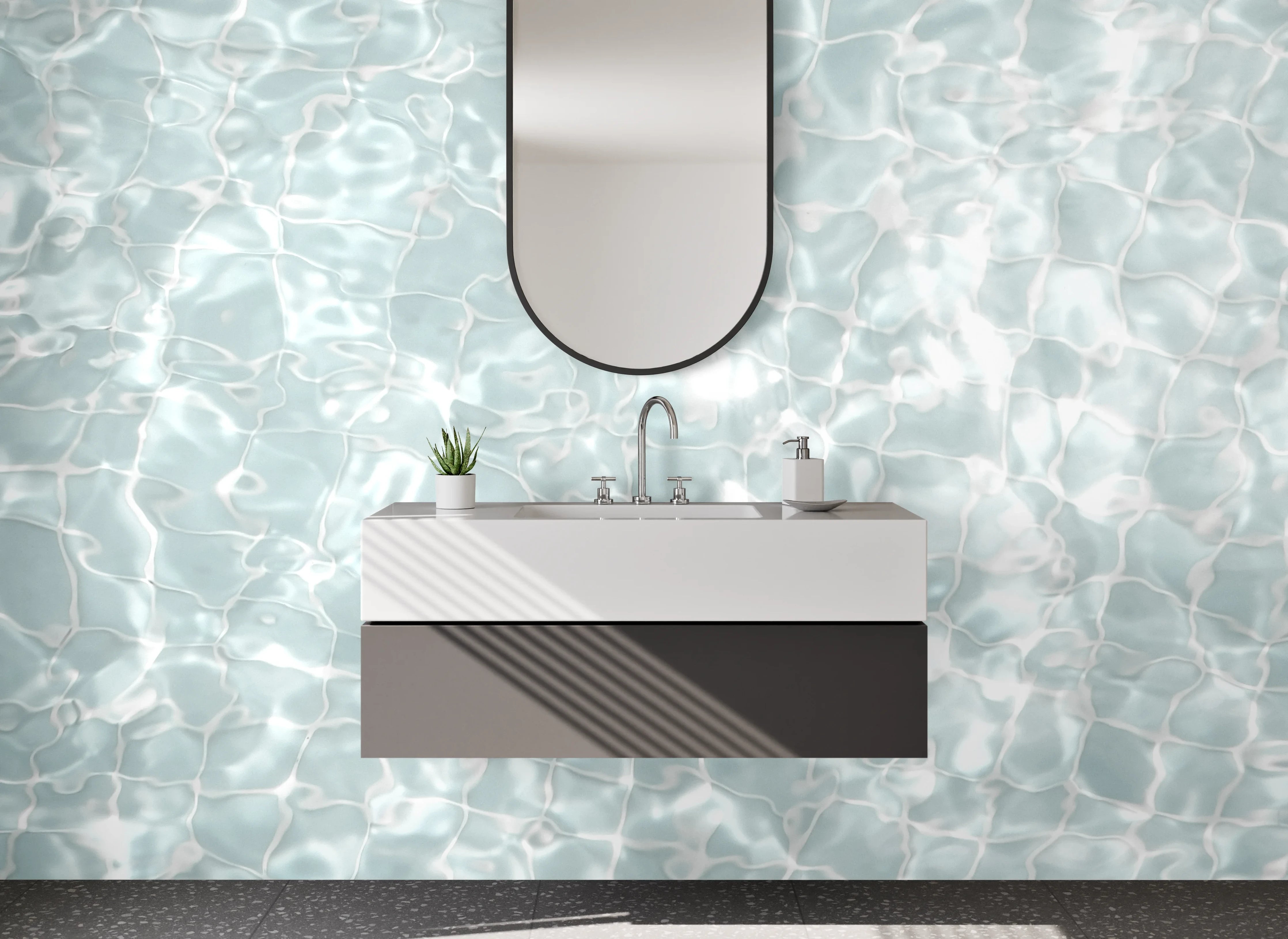 Waschbecken-Rückwand - Wasserstruktur in Weiß und Grau