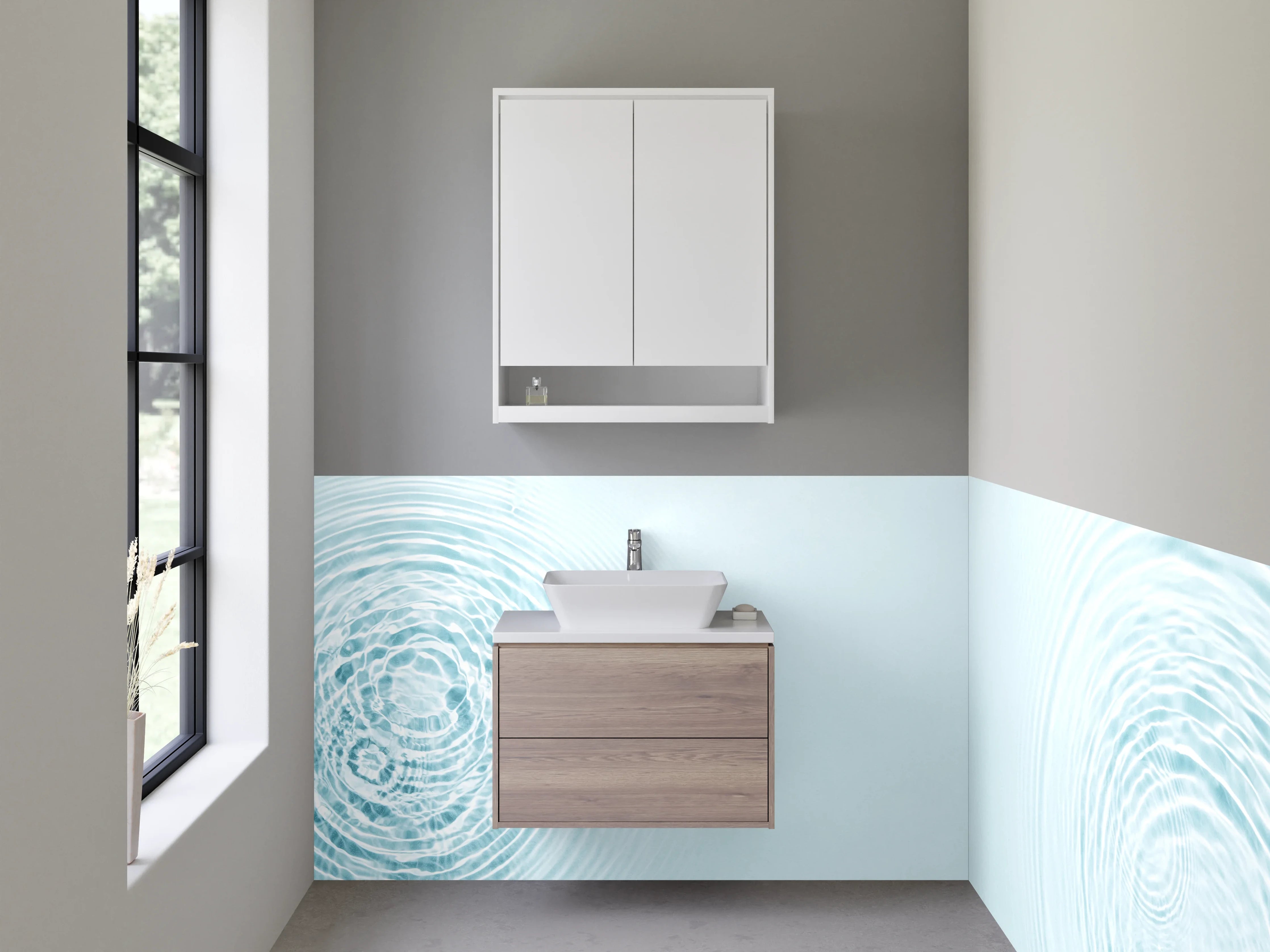 Waschbecken-Rückwand - Wasserwellen Weiß Blau Minimalistisch