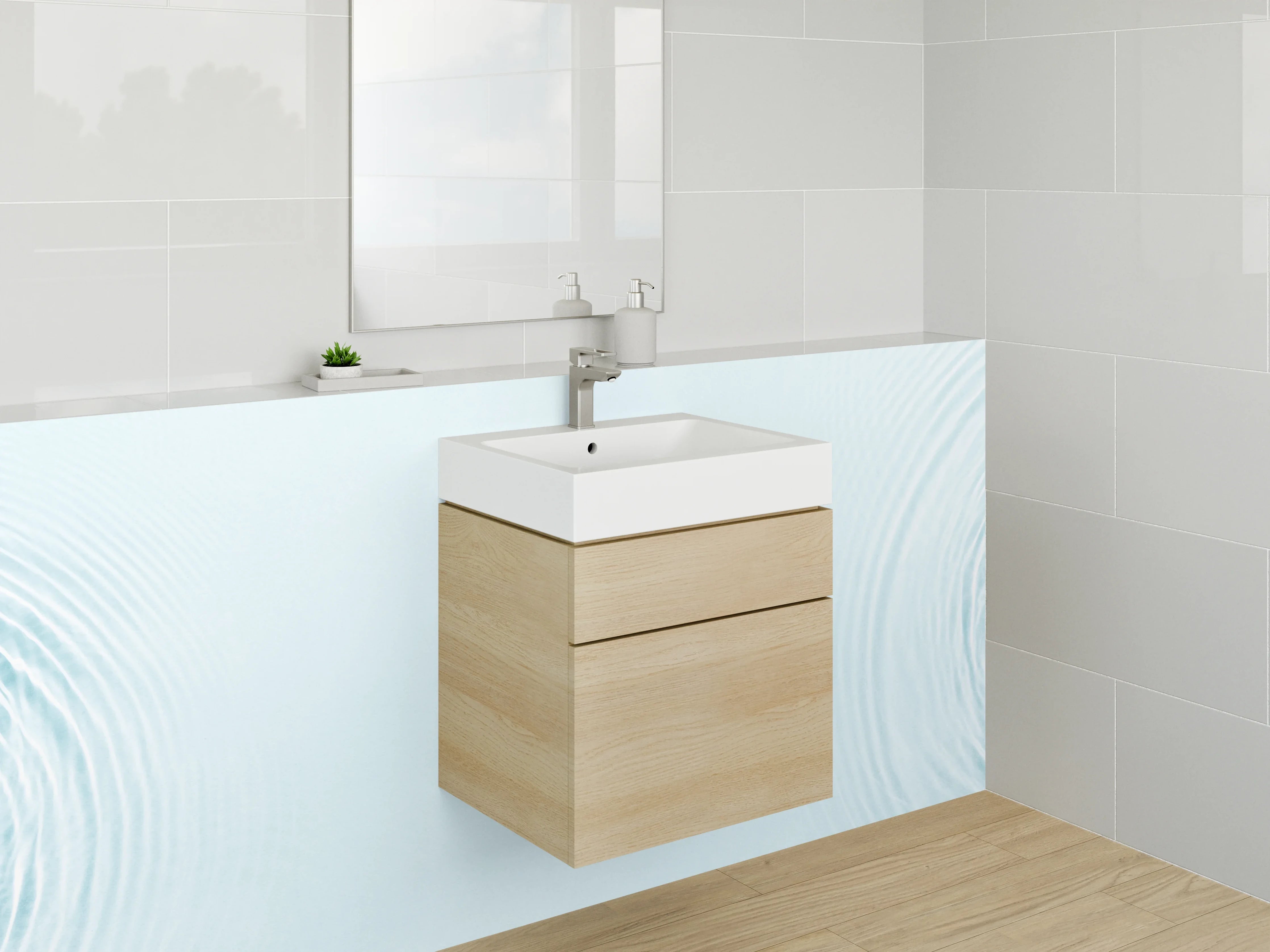 Waschbecken-Rückwand - Wasserwellen Weiß Blau Minimalistisch