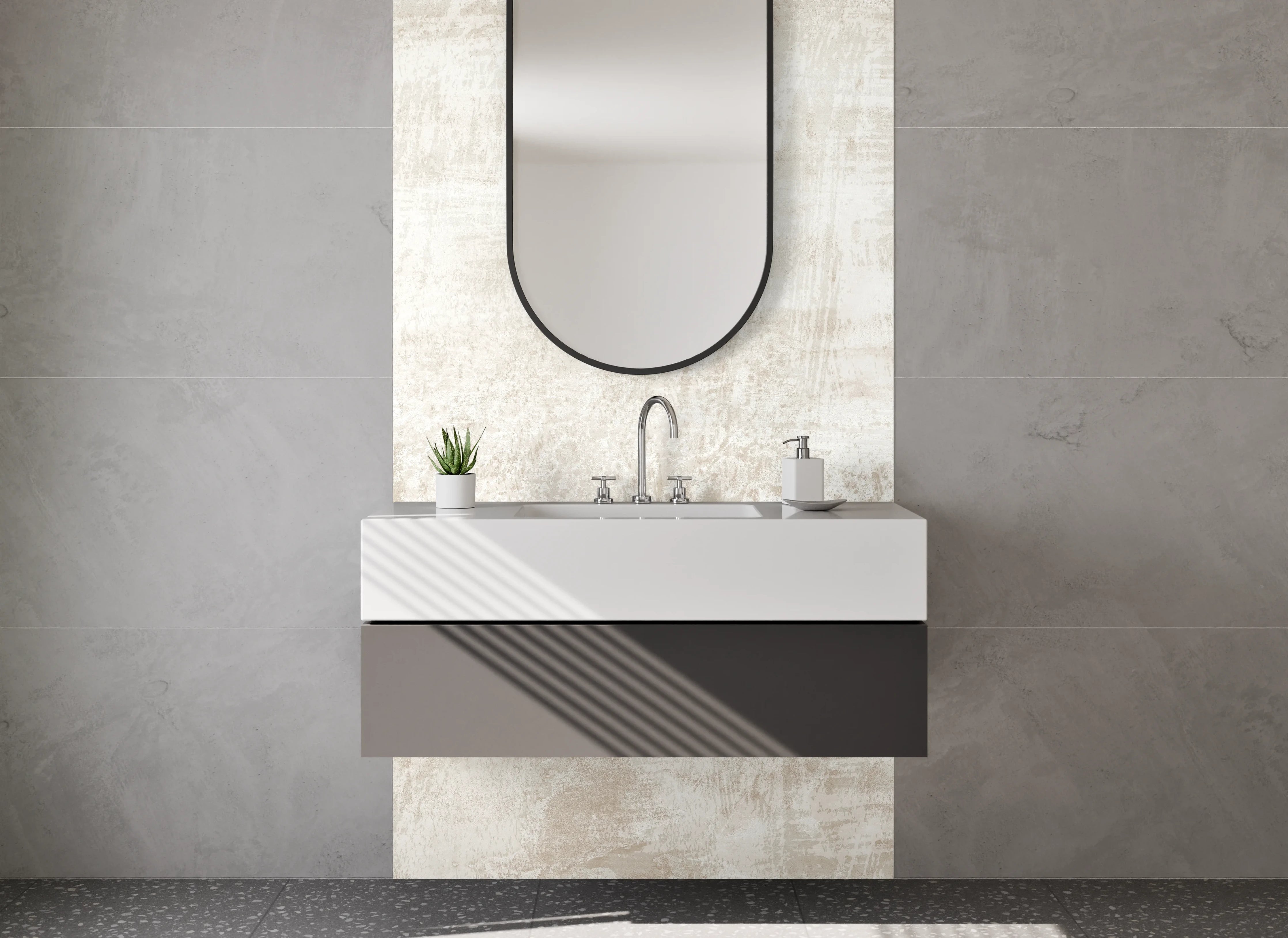 Waschbecken-Rückwand - Weiß-Beige Marmor Struktur