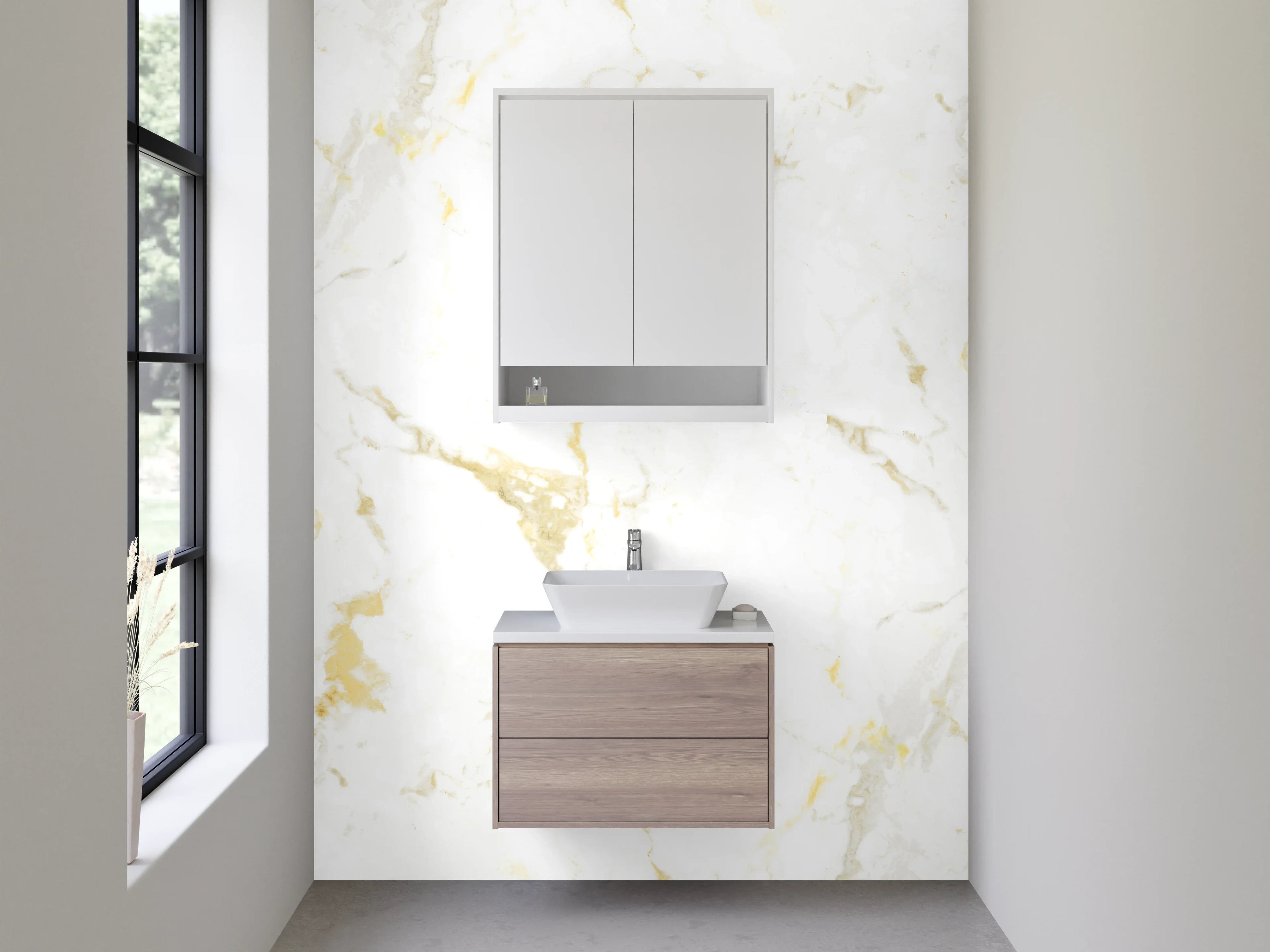 Waschbecken-Rückwand - Weiß-Goldene Marmor-Optik Oberfläche