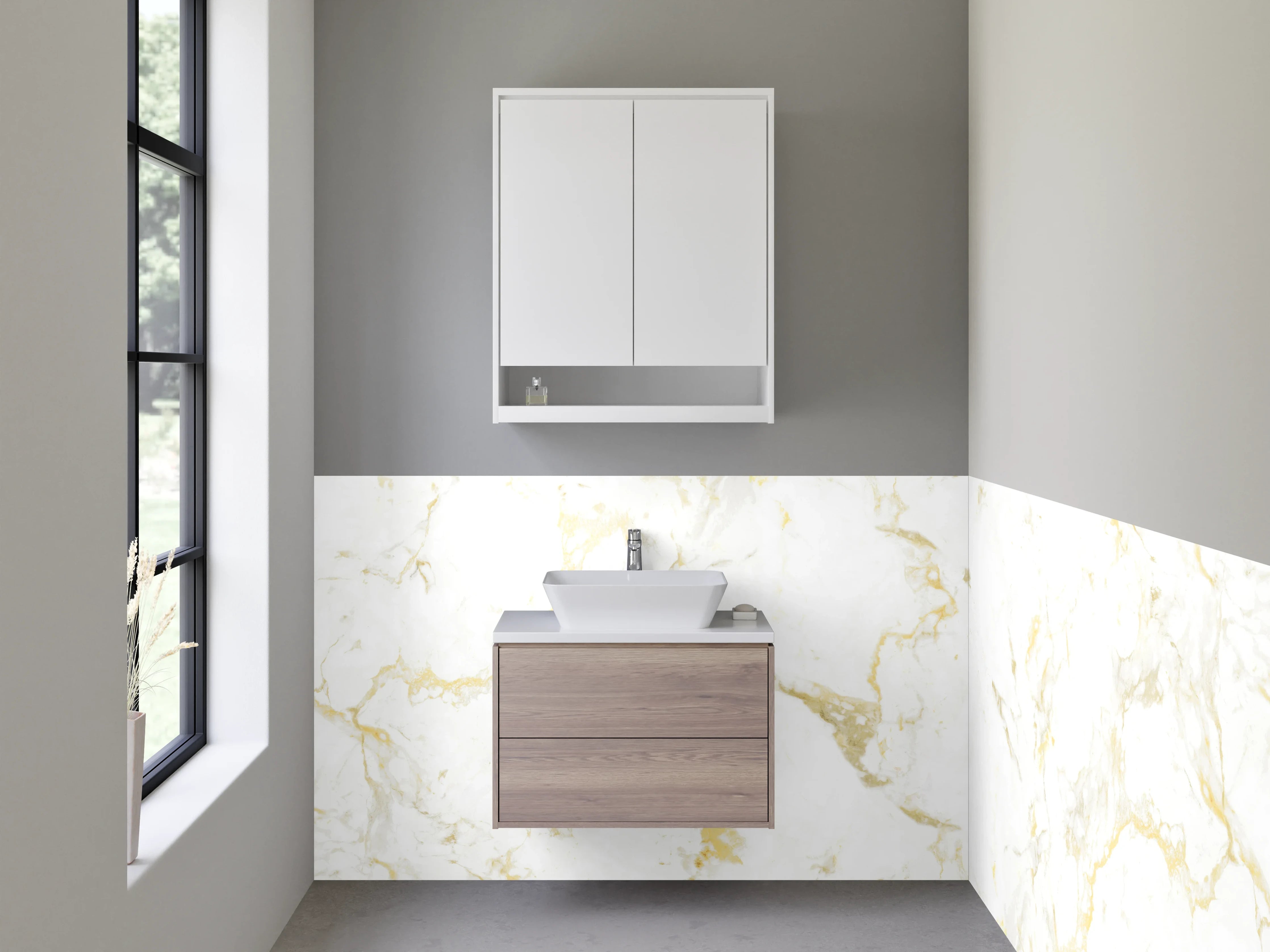 Waschbecken-Rückwand - Weiß-Goldene Marmor-Optik Oberfläche