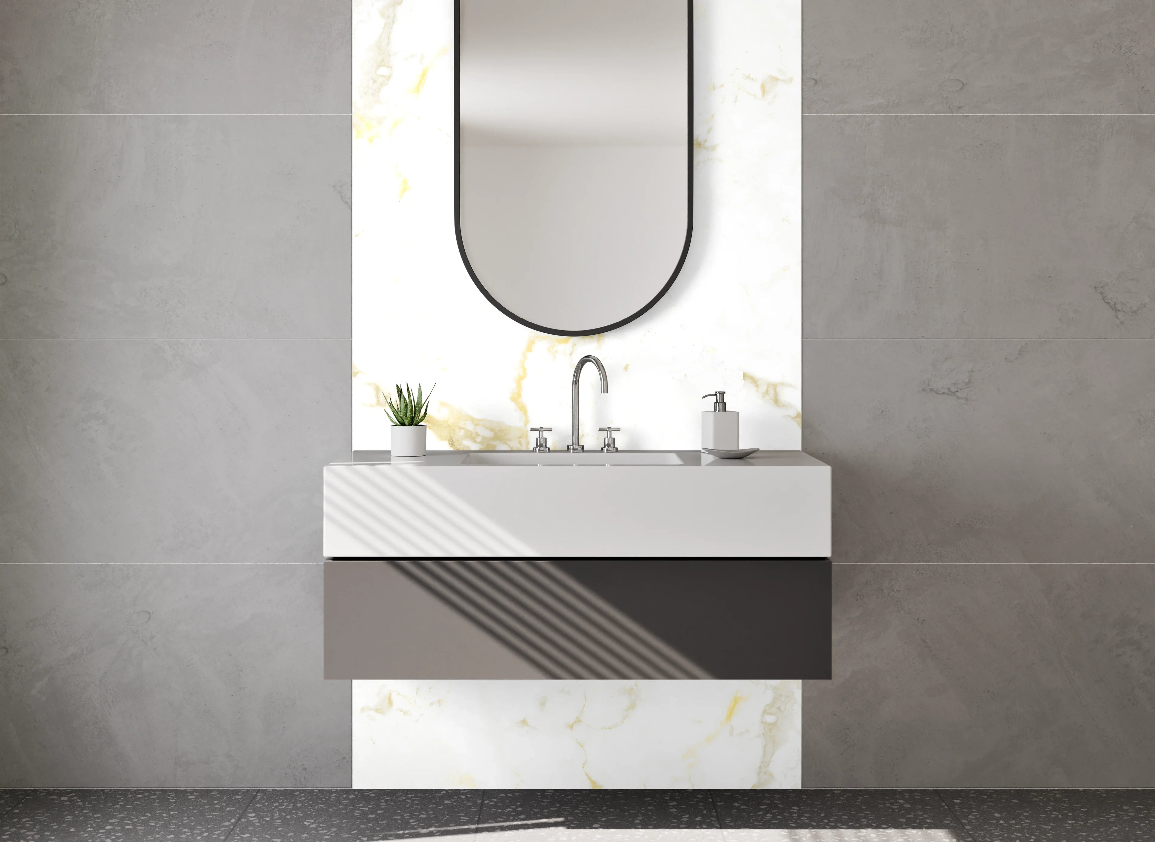 Waschbecken-Rückwand - Weiß-Goldene Marmor-Optik Oberfläche