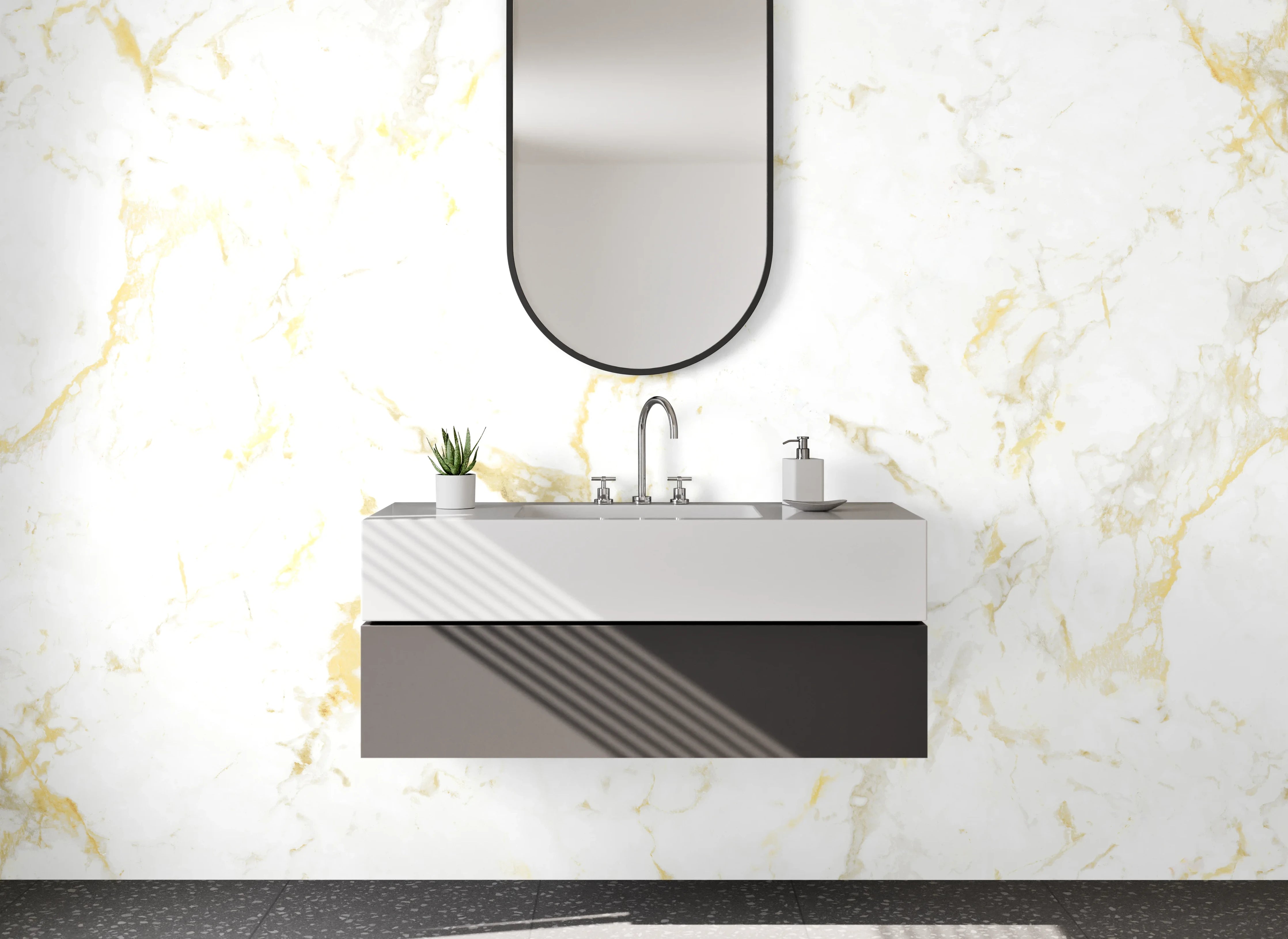 Waschbecken-Rückwand - Weiß-Goldene Marmor-Optik Oberfläche