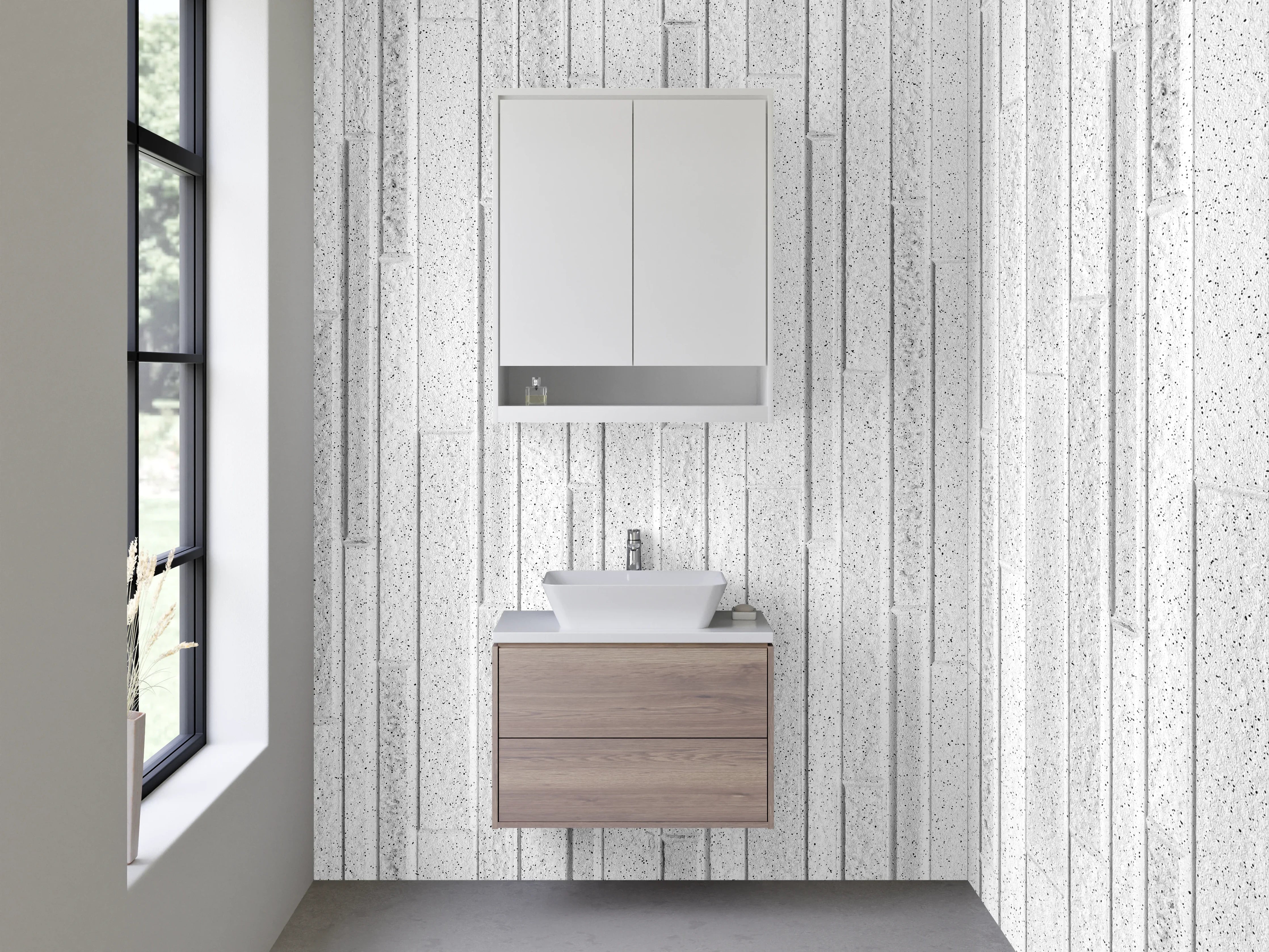 Waschbecken-Rückwand - Weiß-Graue Holzoptik Wandpaneele
