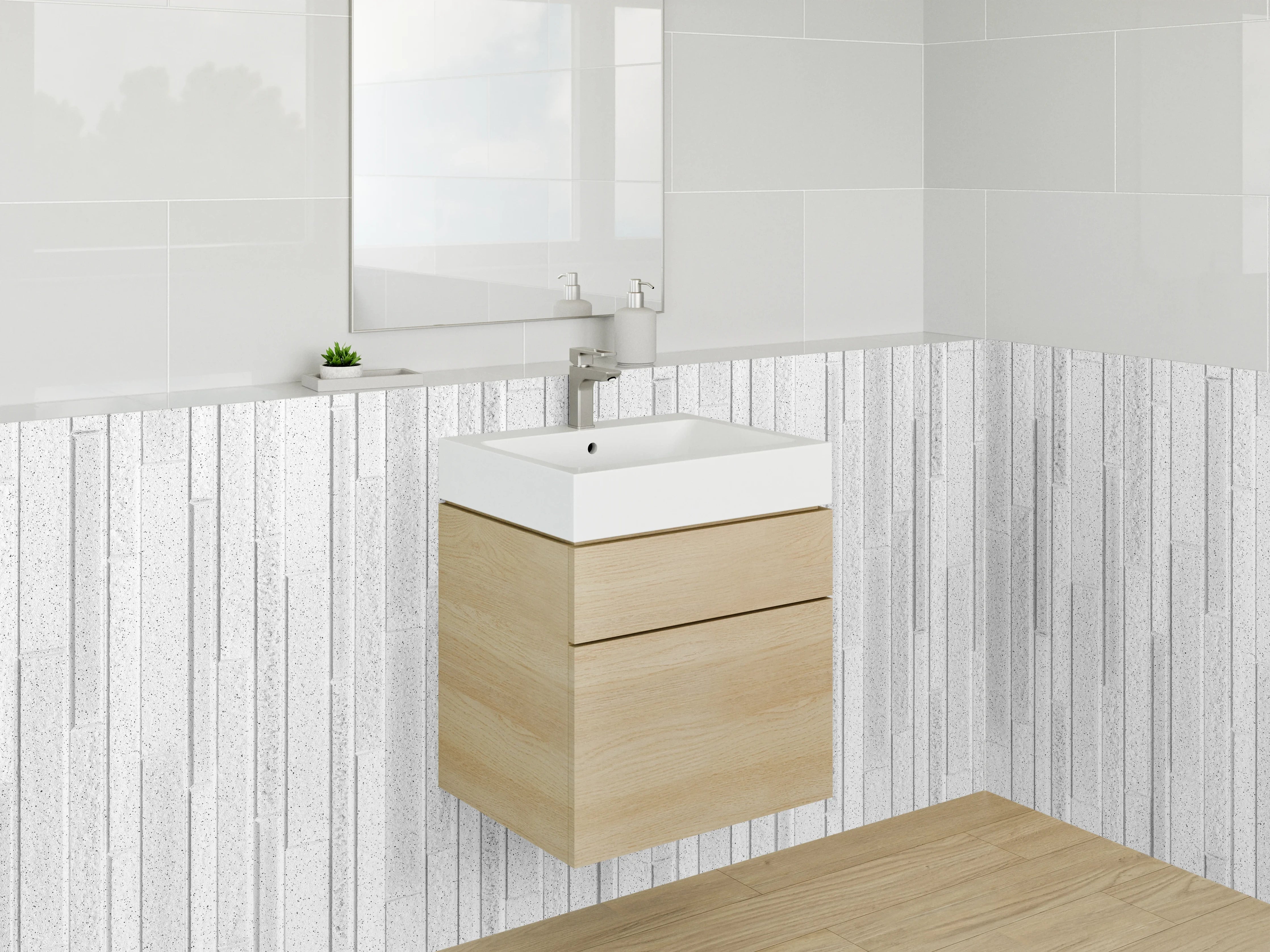 Waschbecken-Rückwand - Weiß-Graue Holzoptik Wandpaneele