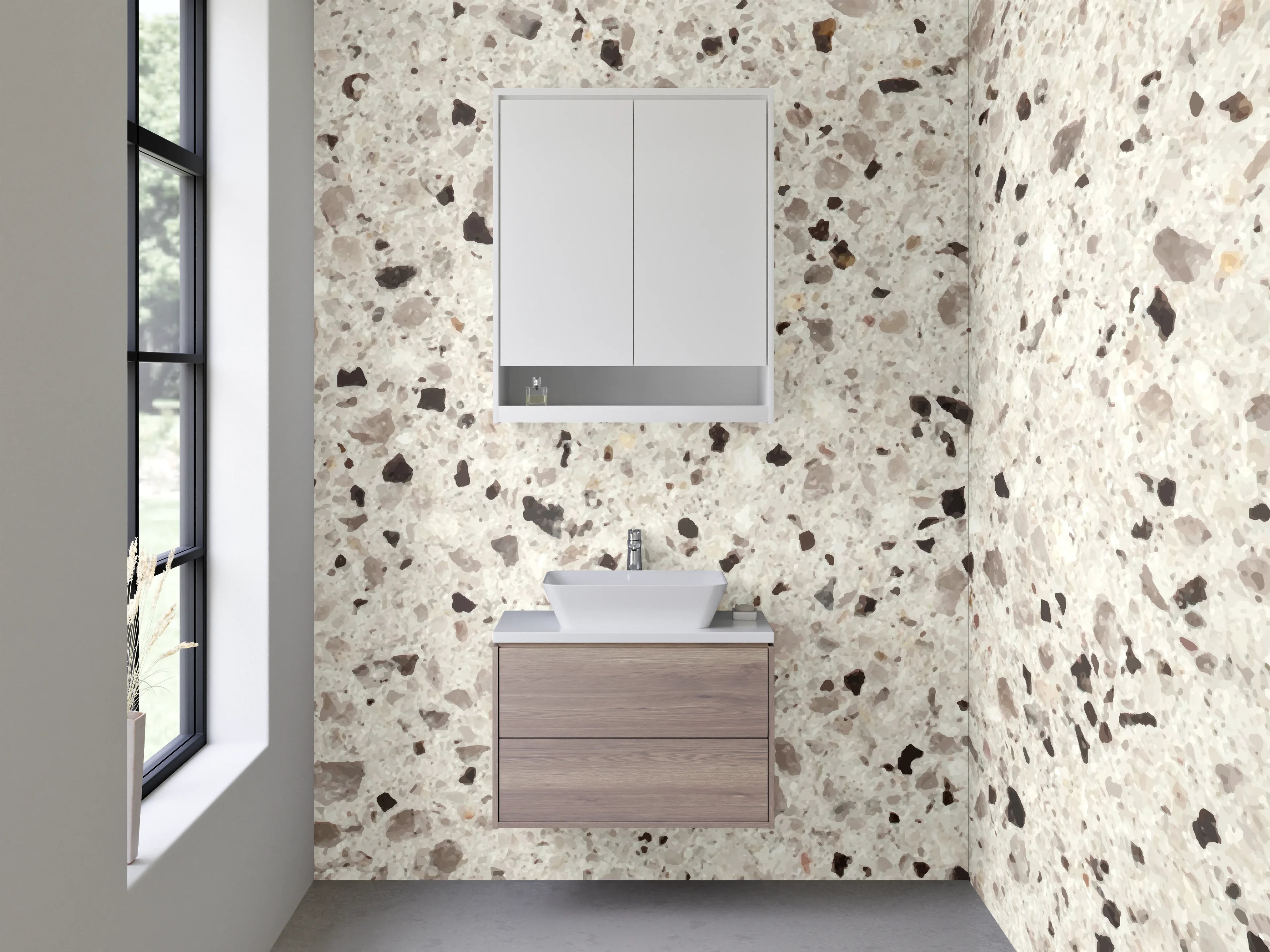 Waschbecken-Rückwand - Weiß-Graue Terrazzo-Optik Fliesen
