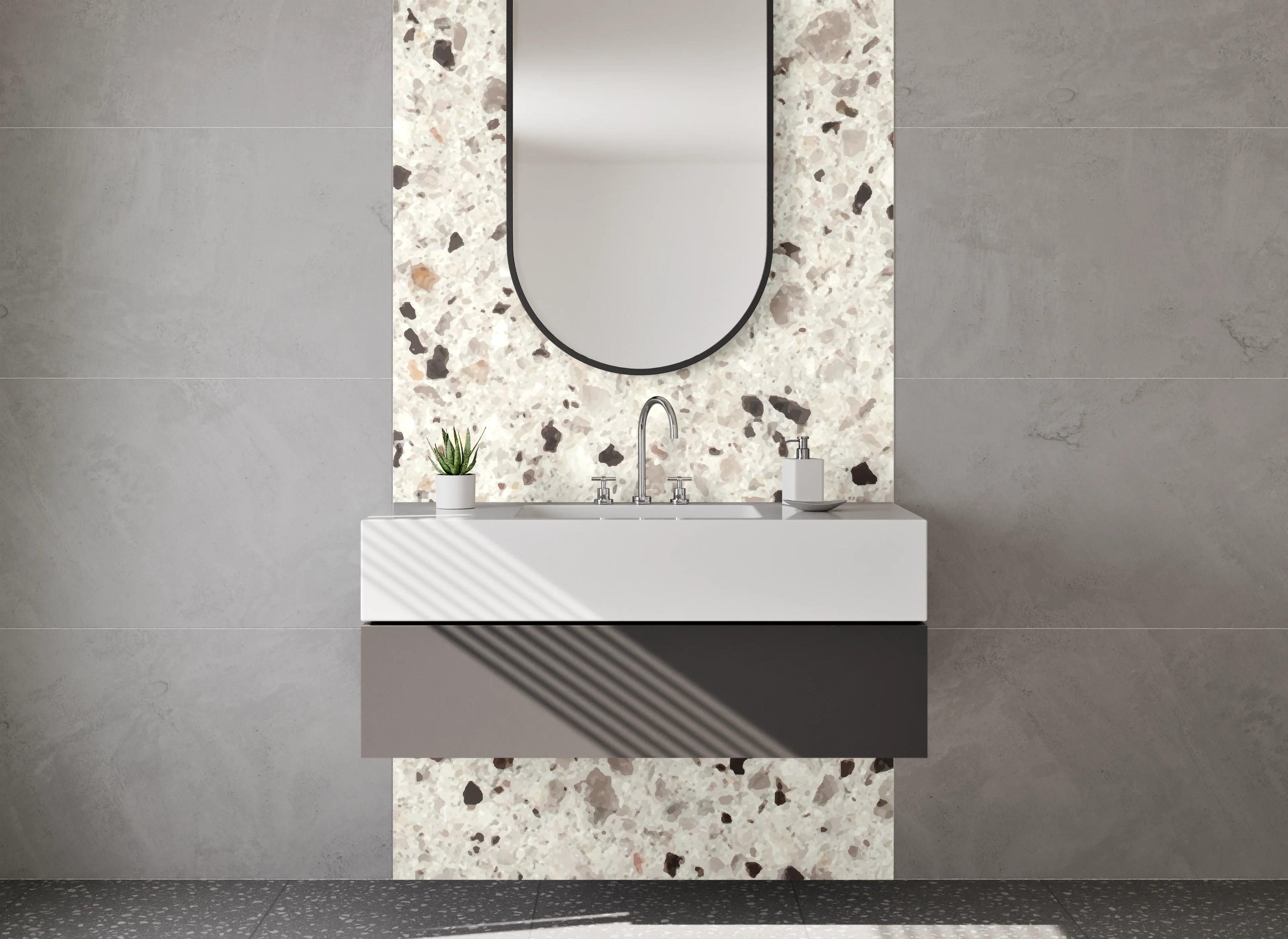 Waschbecken-Rückwand - Weiß-Graue Terrazzo-Optik Fliesen