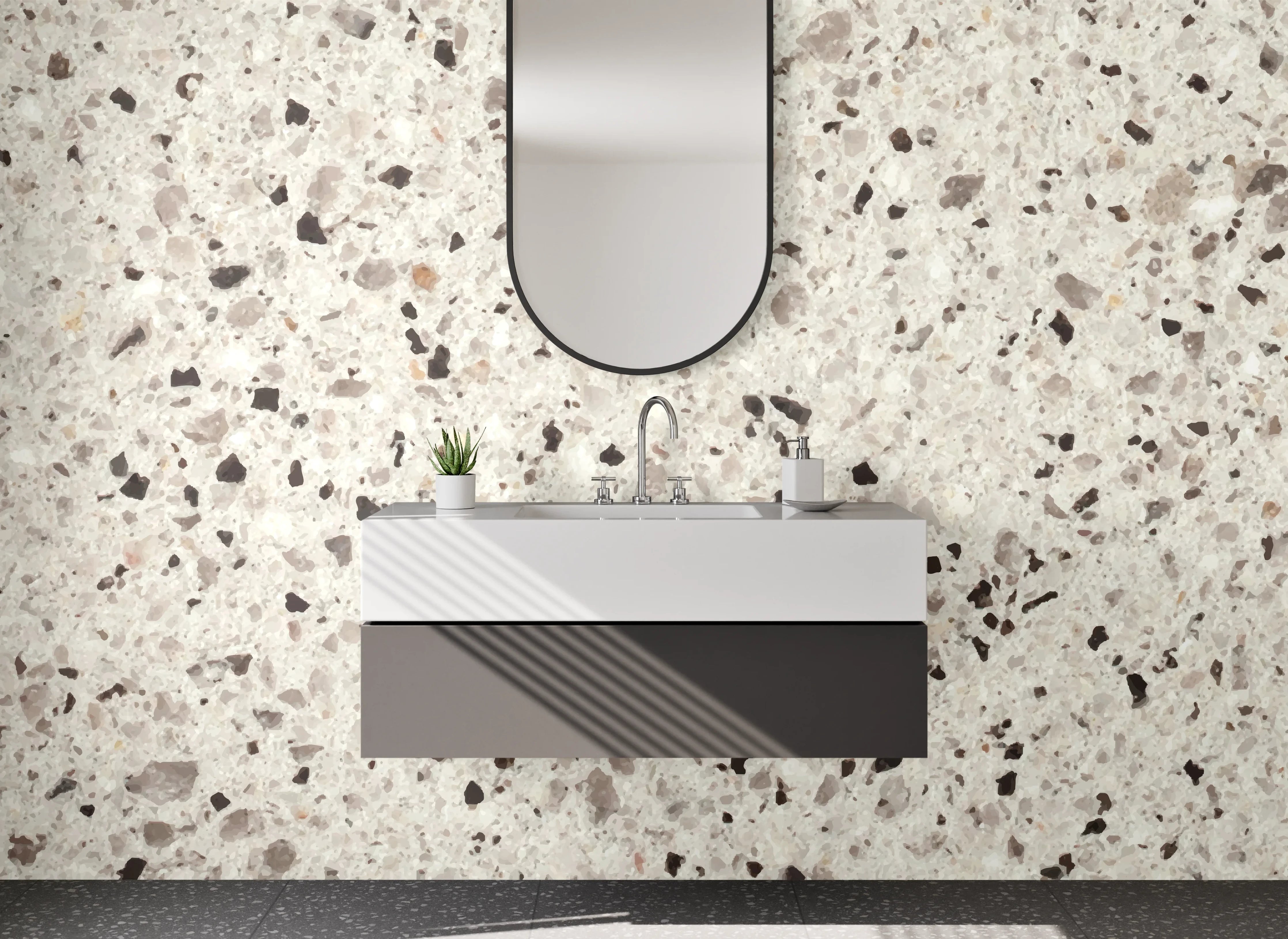 Waschbecken-Rückwand - Weiß-Graue Terrazzo-Optik Fliesen