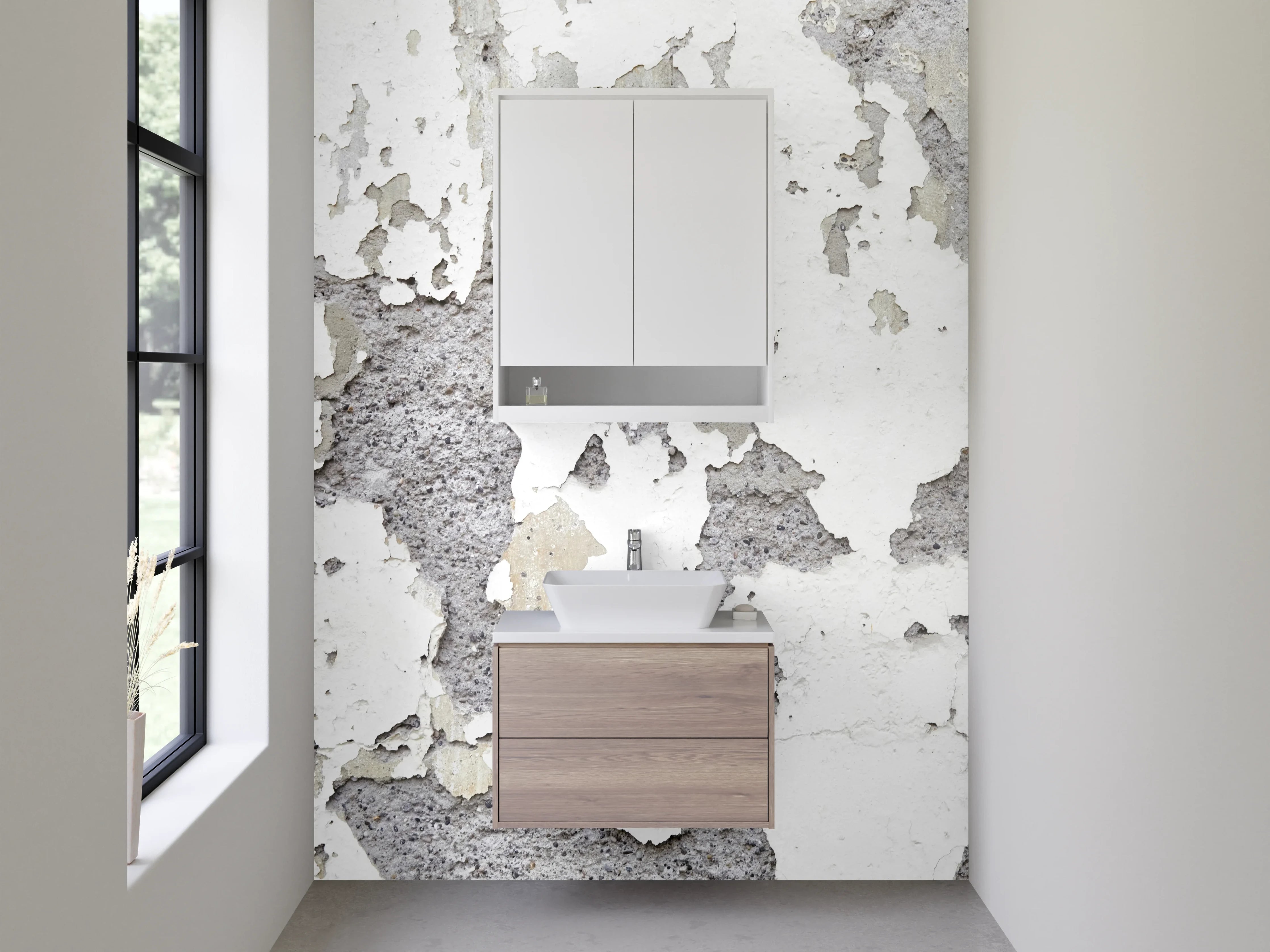 Waschbecken-Rückwand - Weiß Graue Vintage-Optik Abblätternder Putz