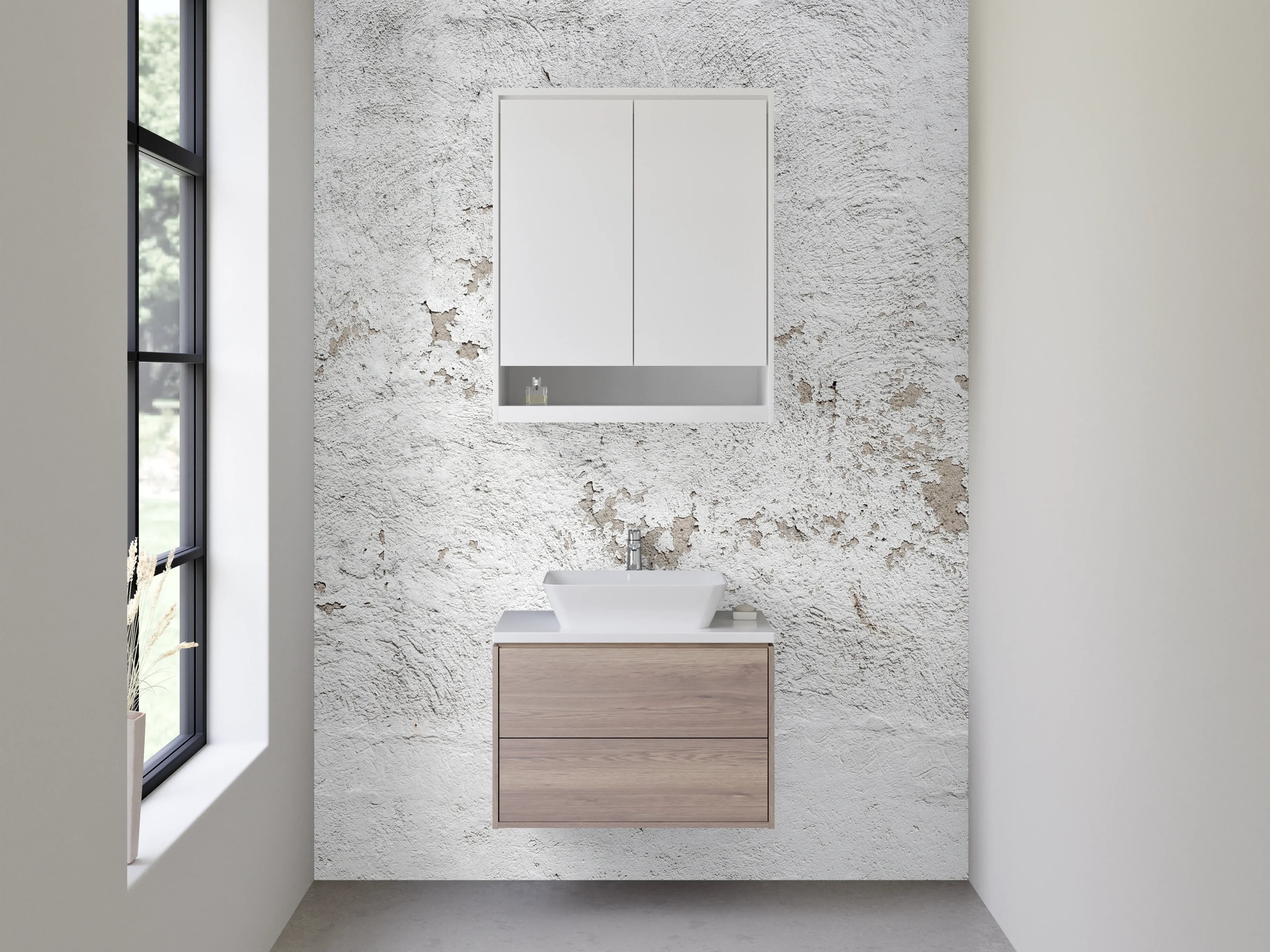 Waschbecken-Rückwand - Weiß-Graue Vintage Putzoberfläche