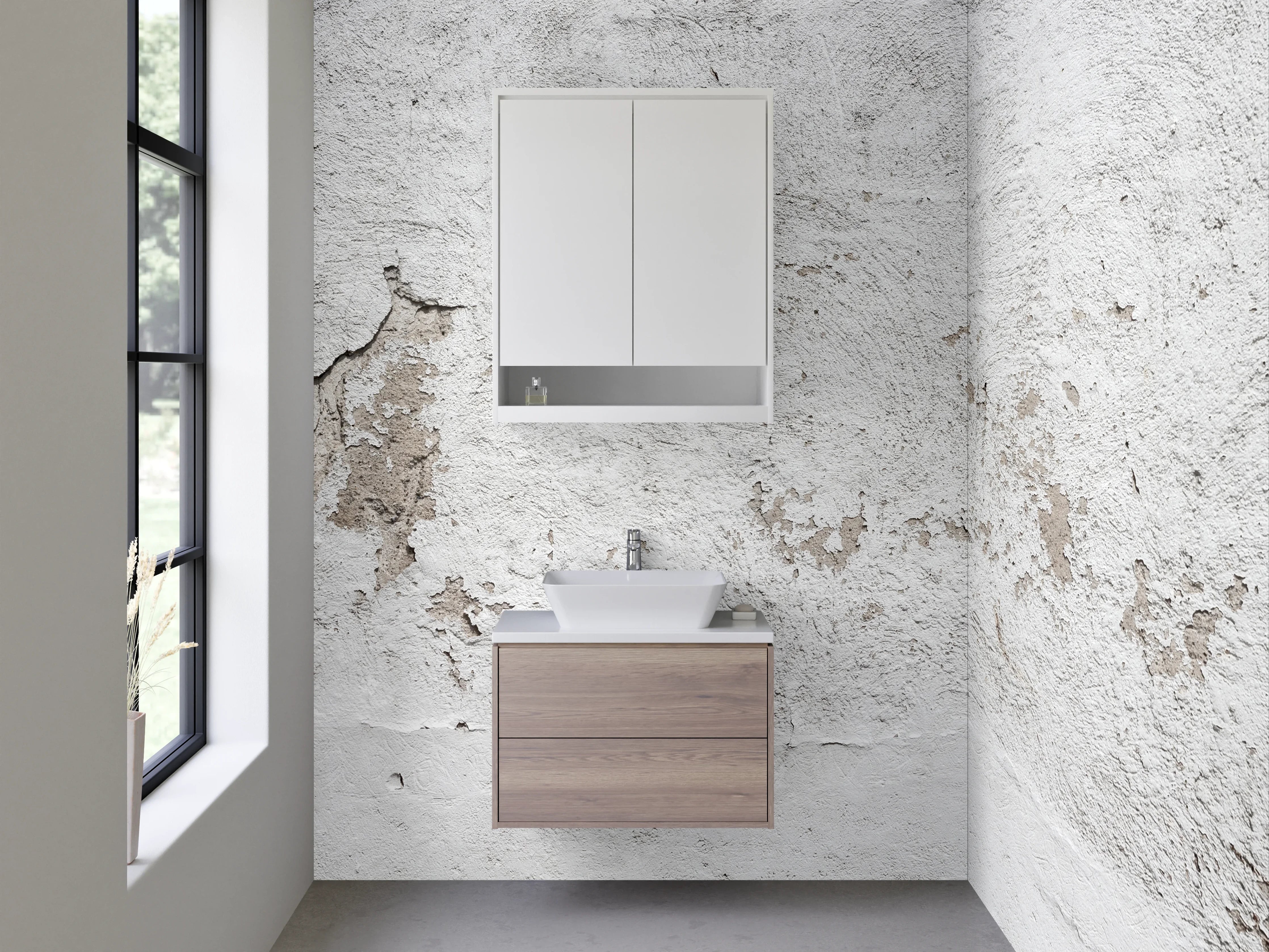 Waschbecken-Rückwand - Weiß-Graue Vintage Putzoberfläche