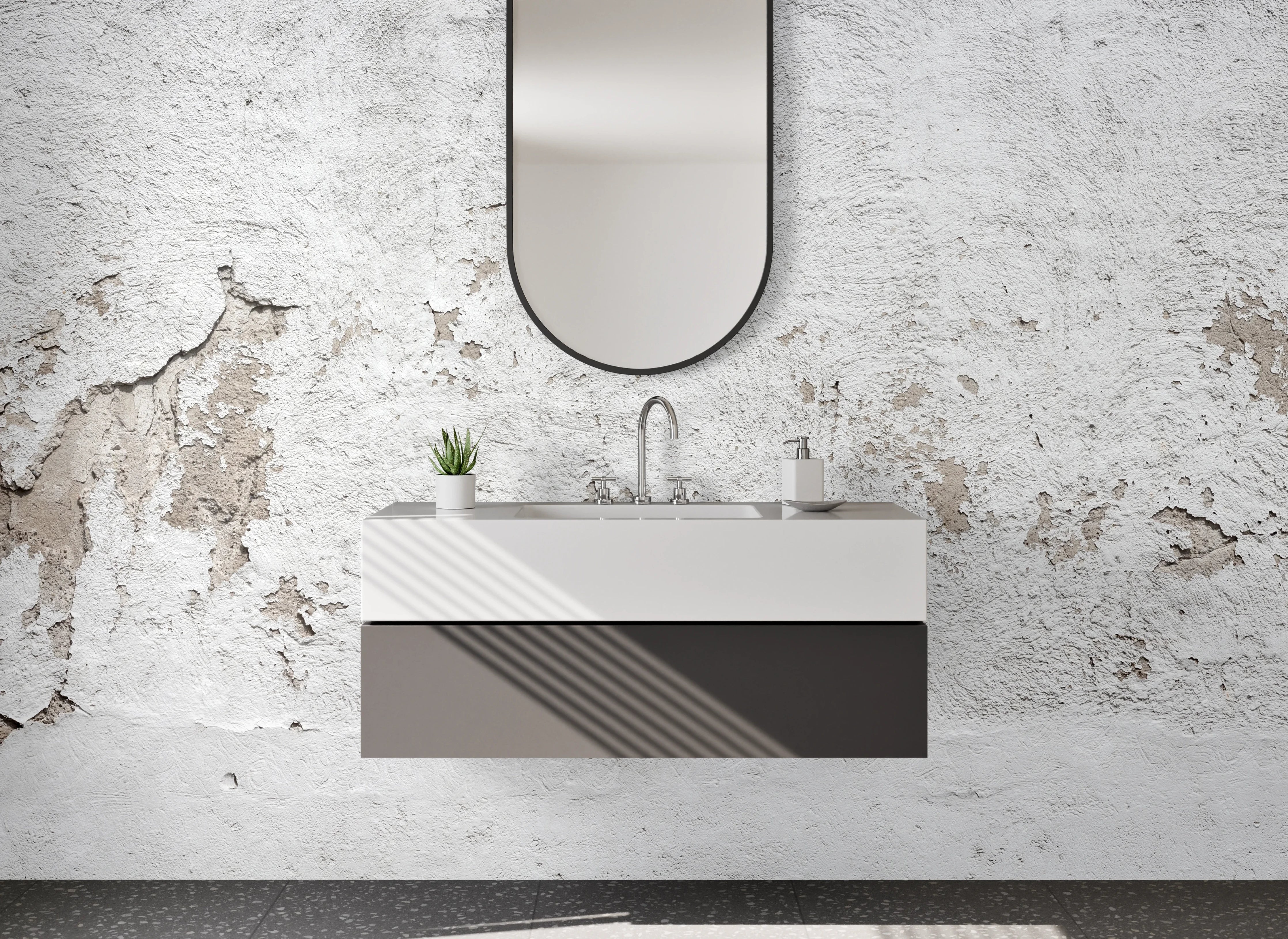 Waschbecken-Rückwand - Weiß-Graue Vintage Putzoberfläche