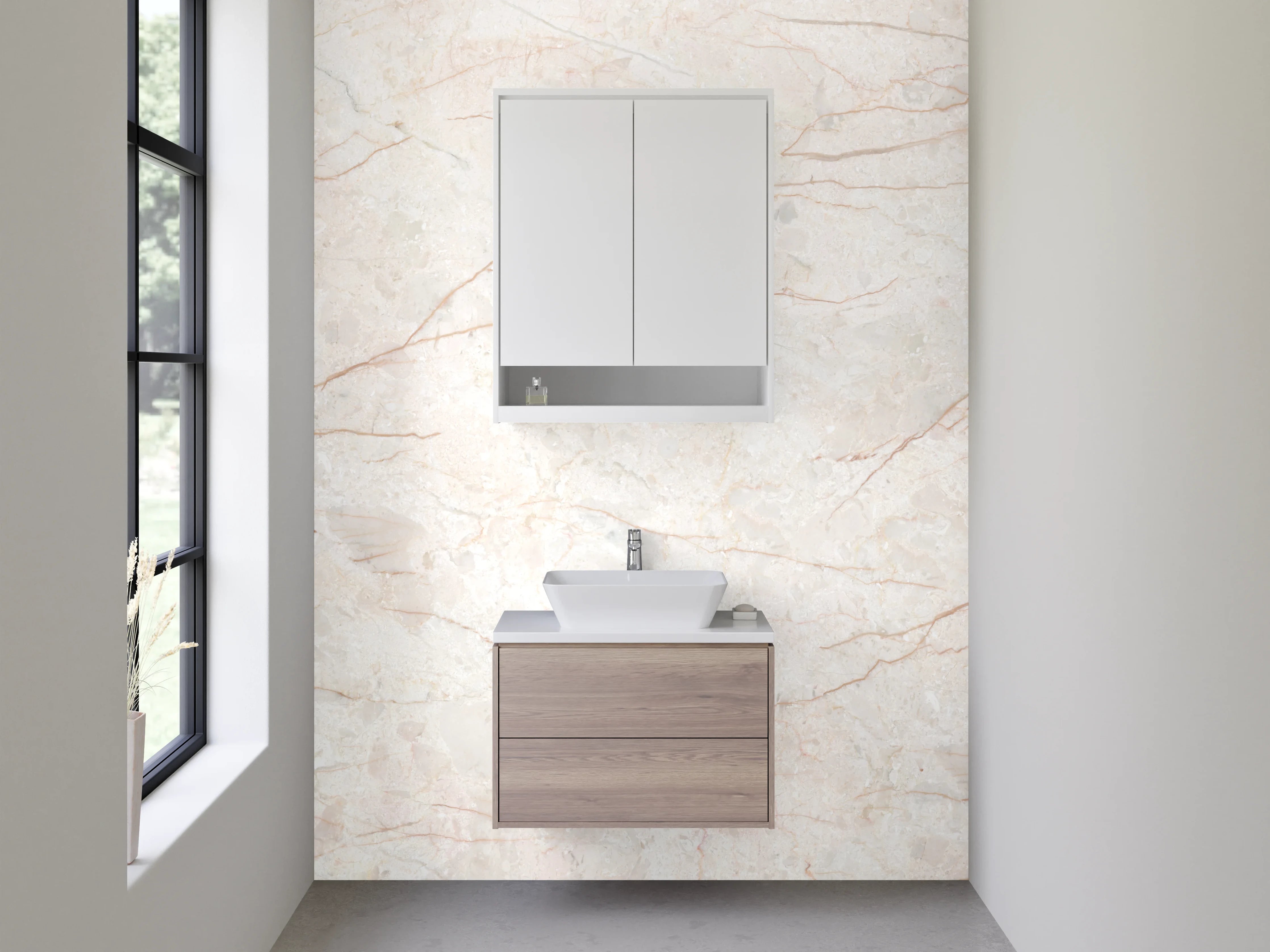 Waschbecken-Rückwand - Weiß-beiger Marmor mit zarten Maserungen