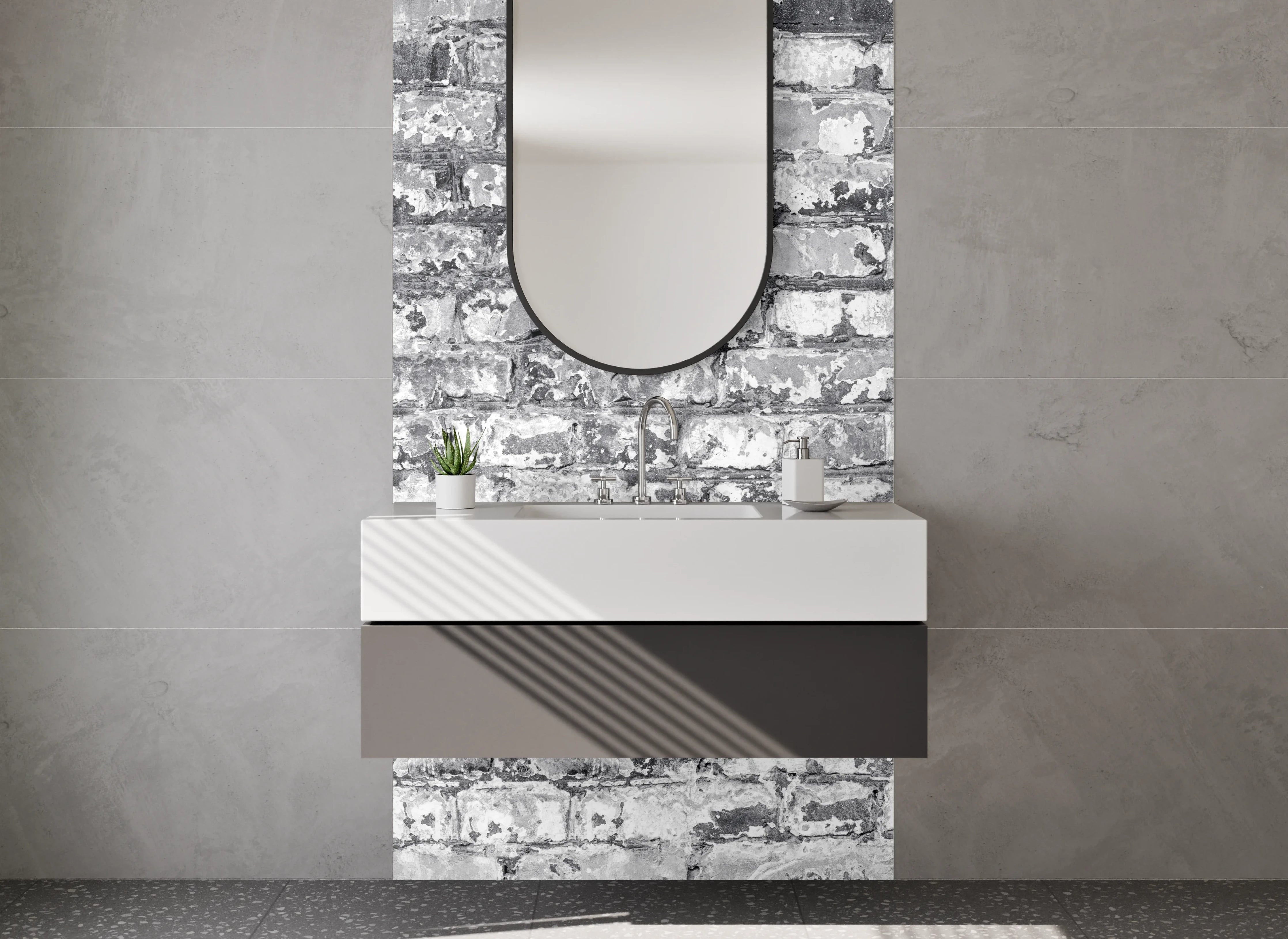 Waschbecken-Rückwand - Weiß-graue Backstein-Optik Fliesenmuster