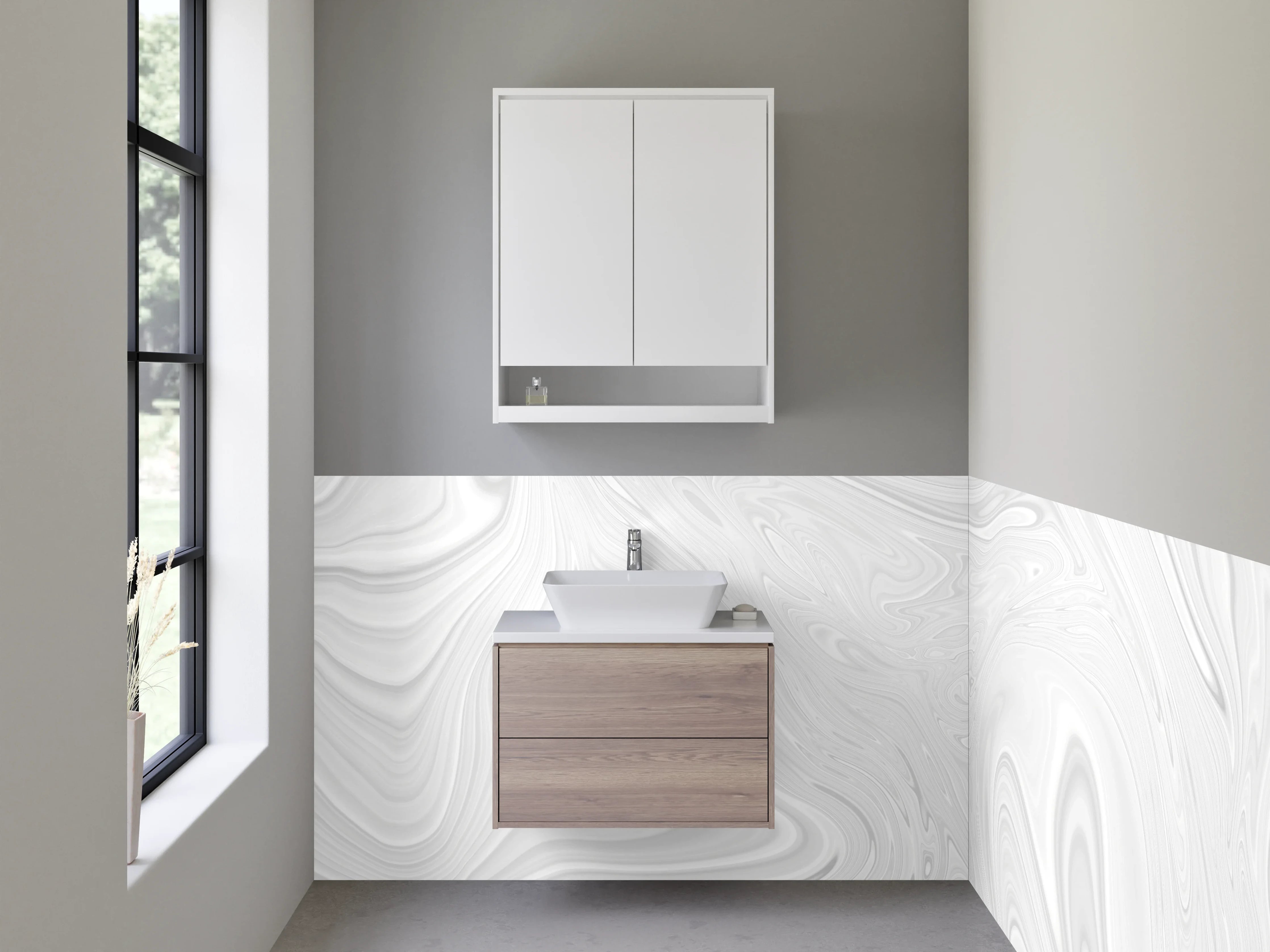 Waschbecken-Rückwand - Weiß-graue Marmor-Optik mit Wirbelmuster