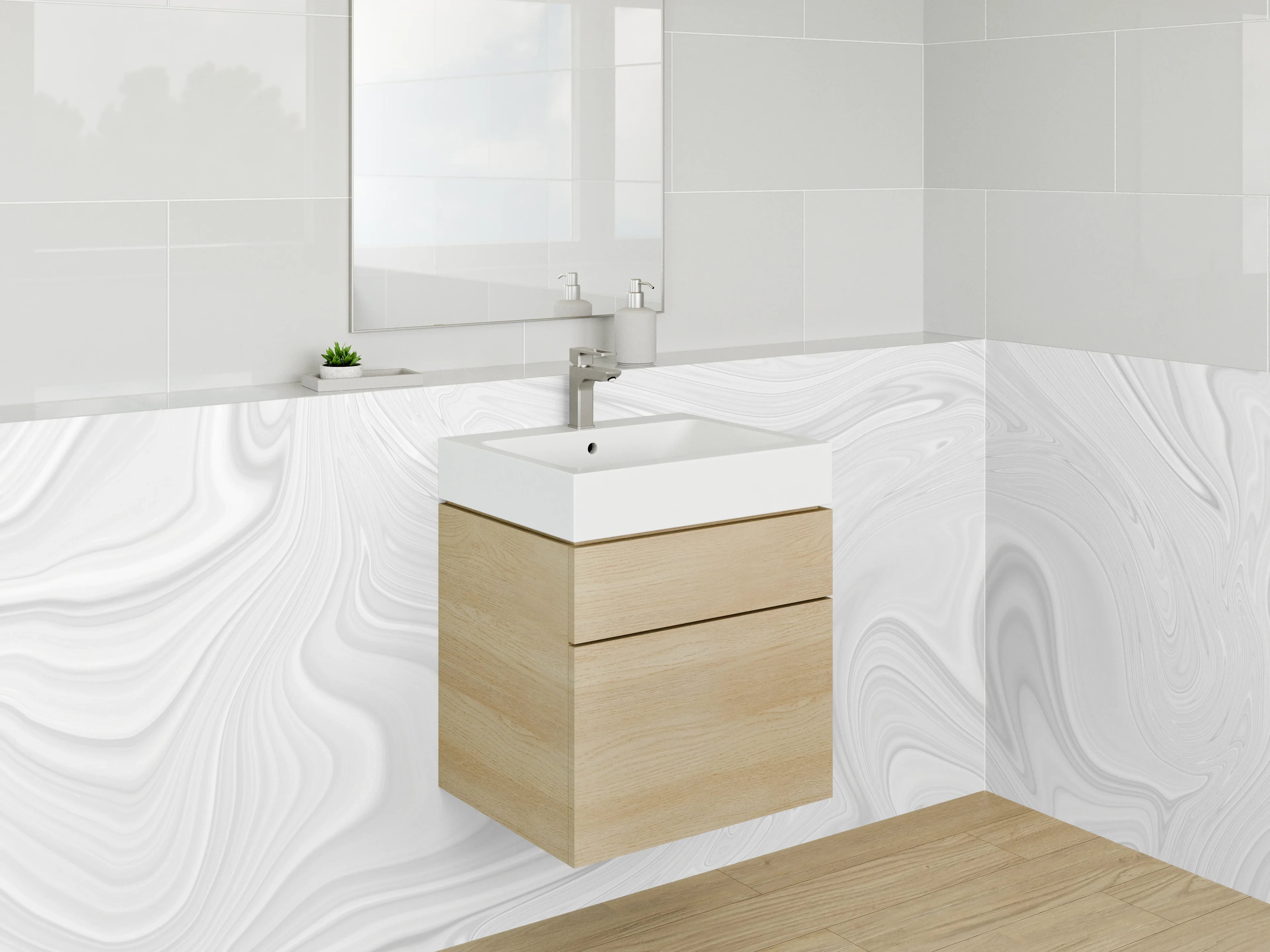 Waschbecken-Rückwand - Weiß-graue Marmor-Optik mit Wirbelmuster