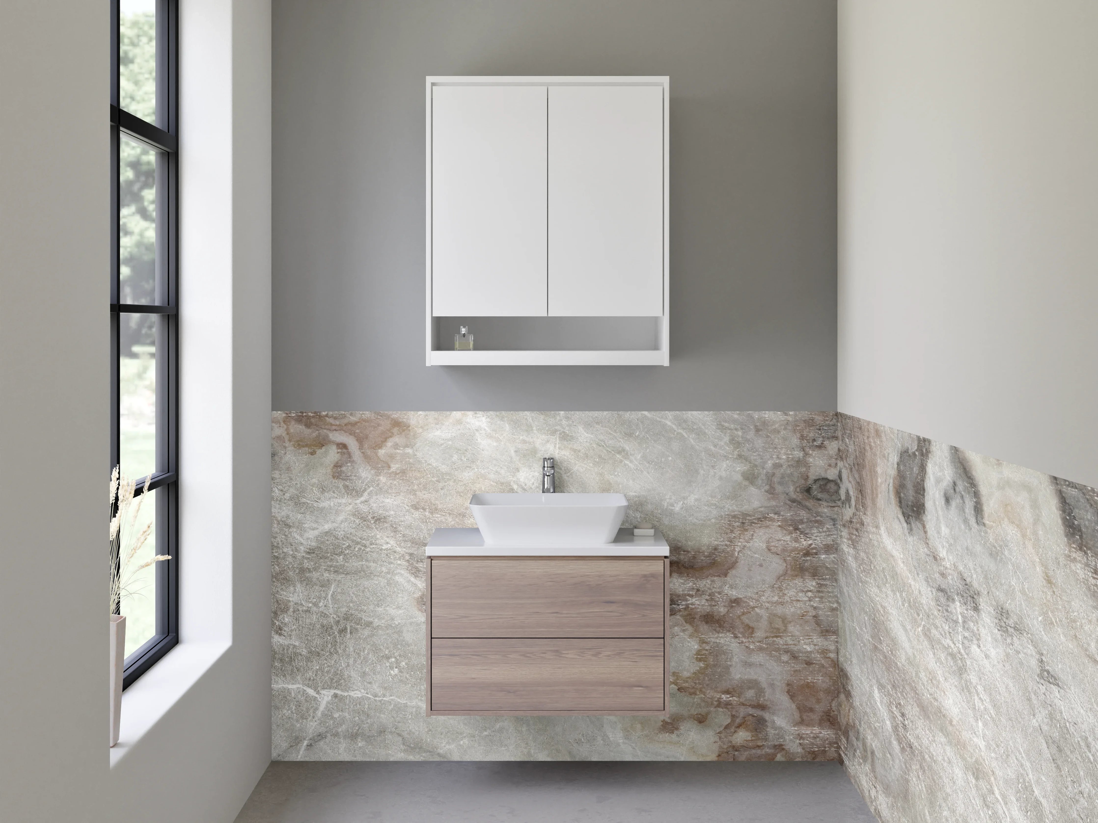 Waschbecken-Rückwand - Weiß-graue Marmoroptik Design-Fläche