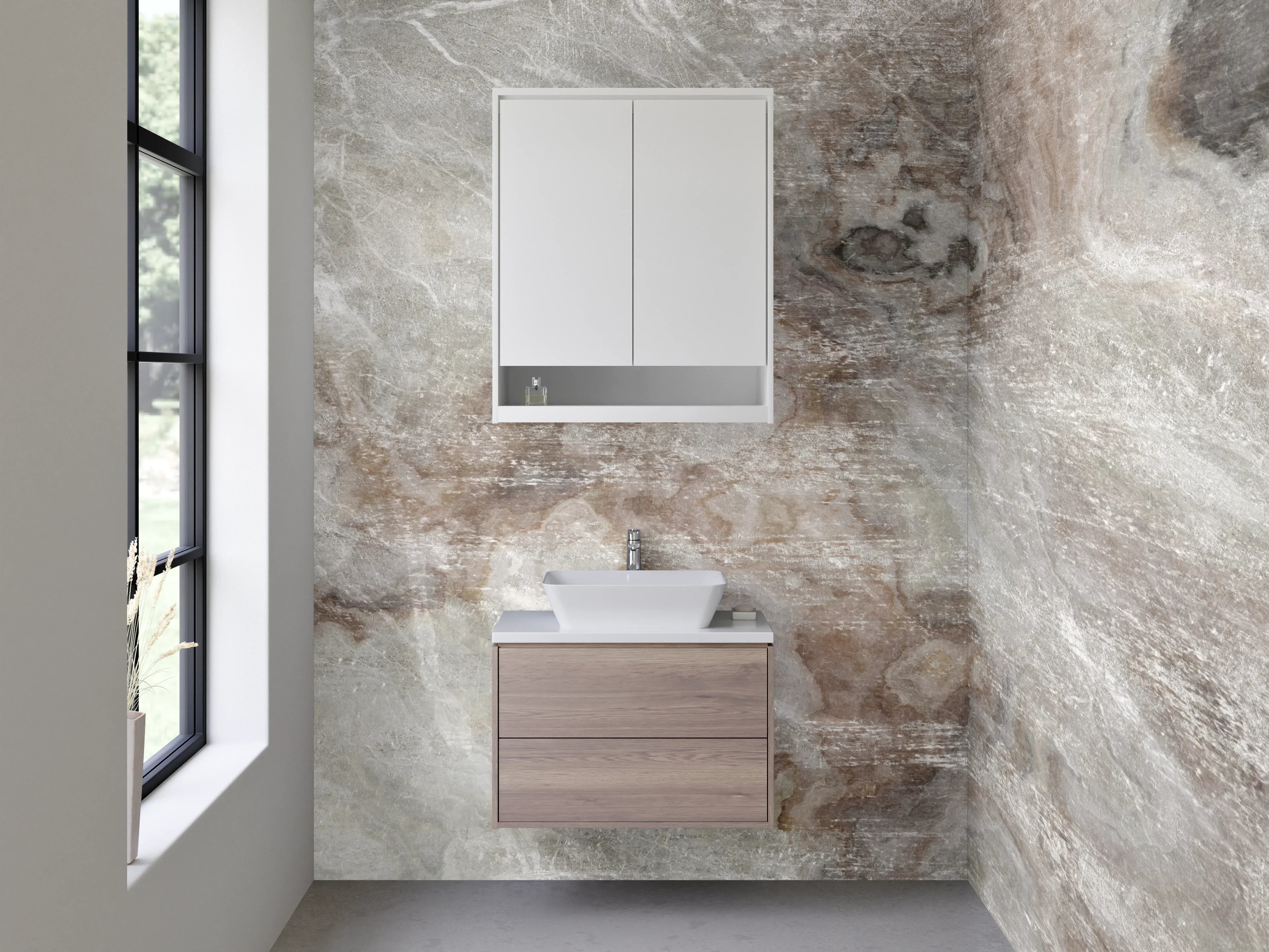 Waschbecken-Rückwand - Weiß-graue Marmoroptik Design-Fläche