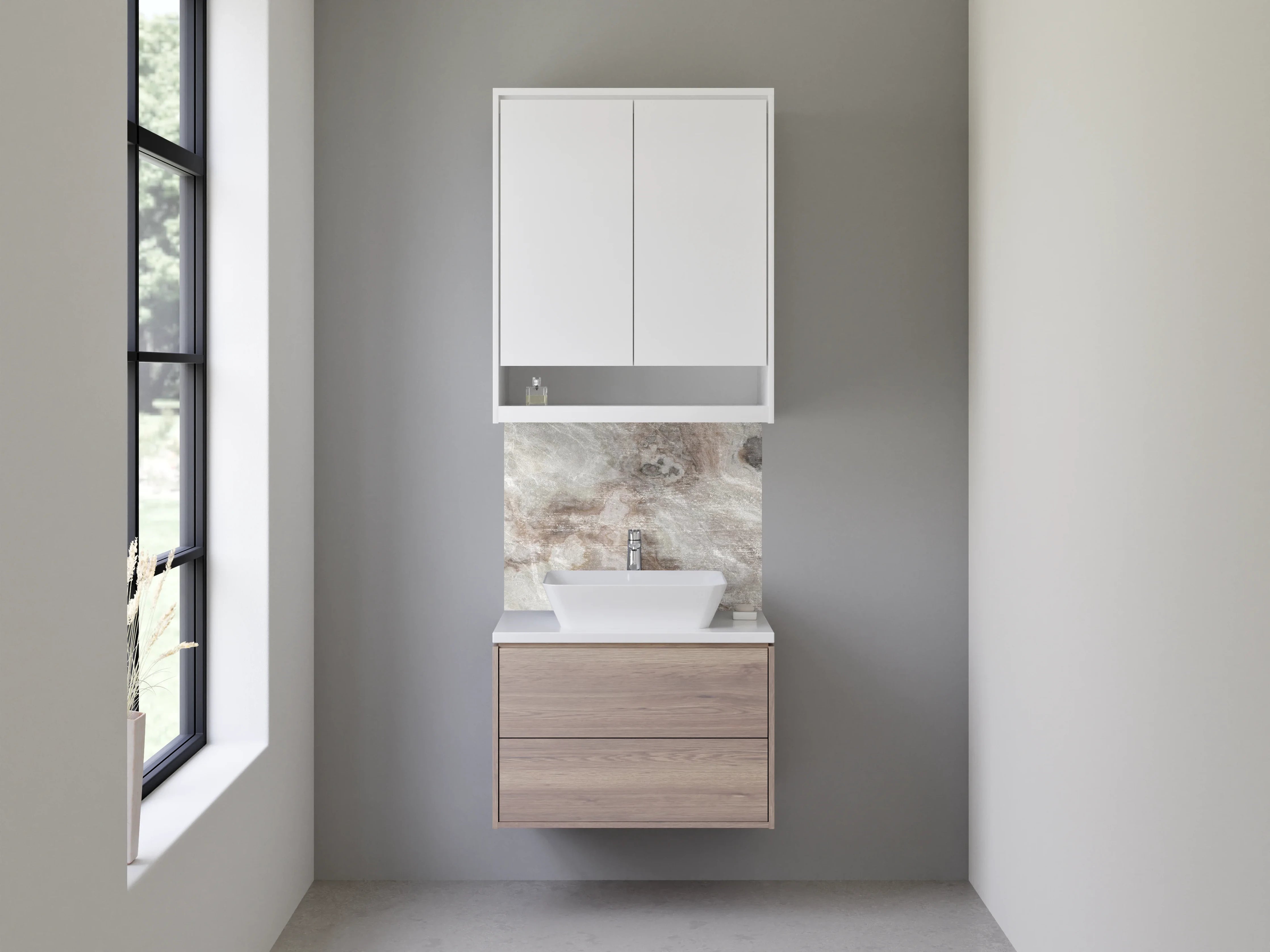 Waschbecken-Rückwand - Weiß-graue Marmoroptik Design-Fläche