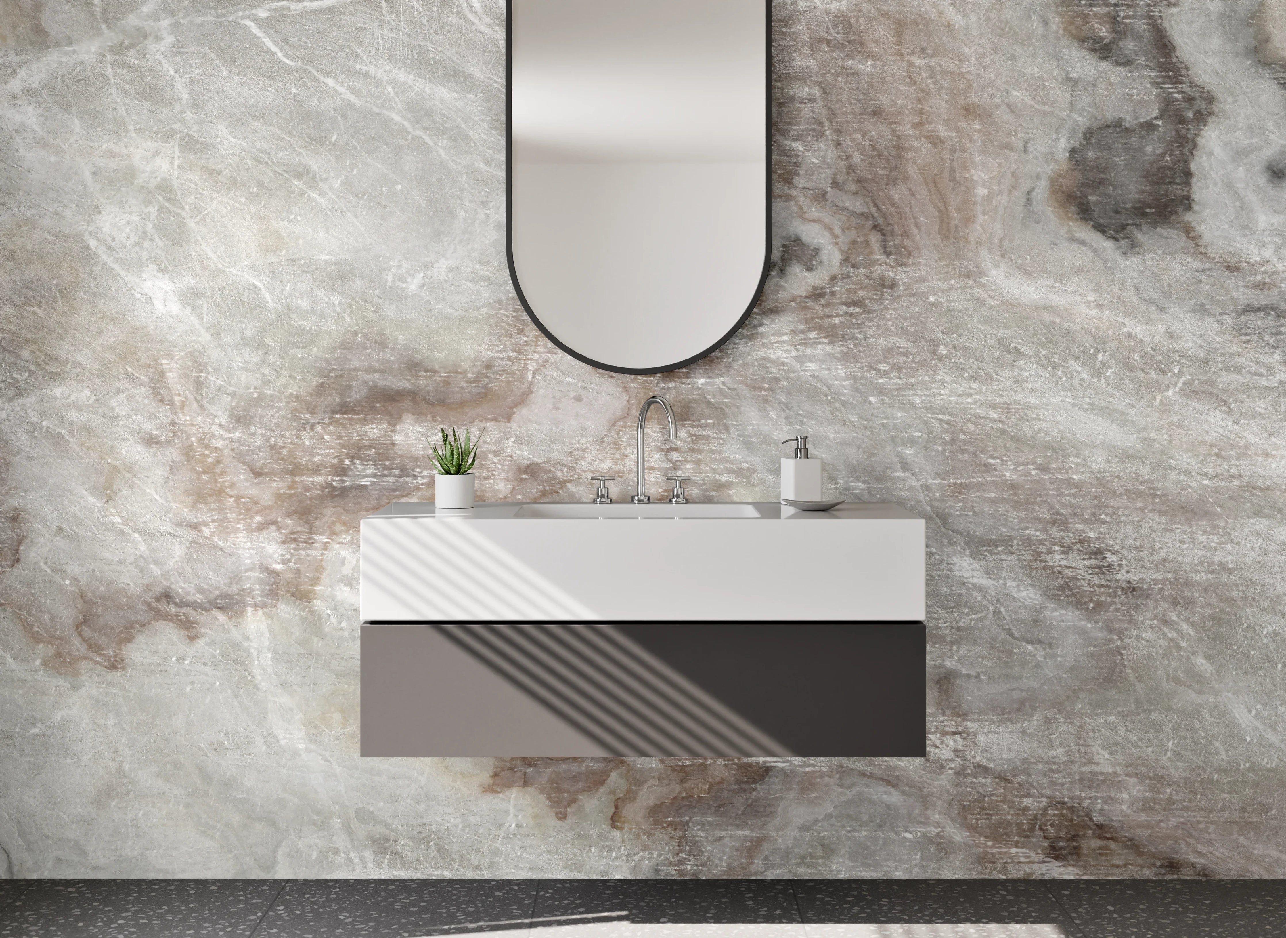 Waschbecken-Rückwand - Weiß-graue Marmoroptik Design-Fläche