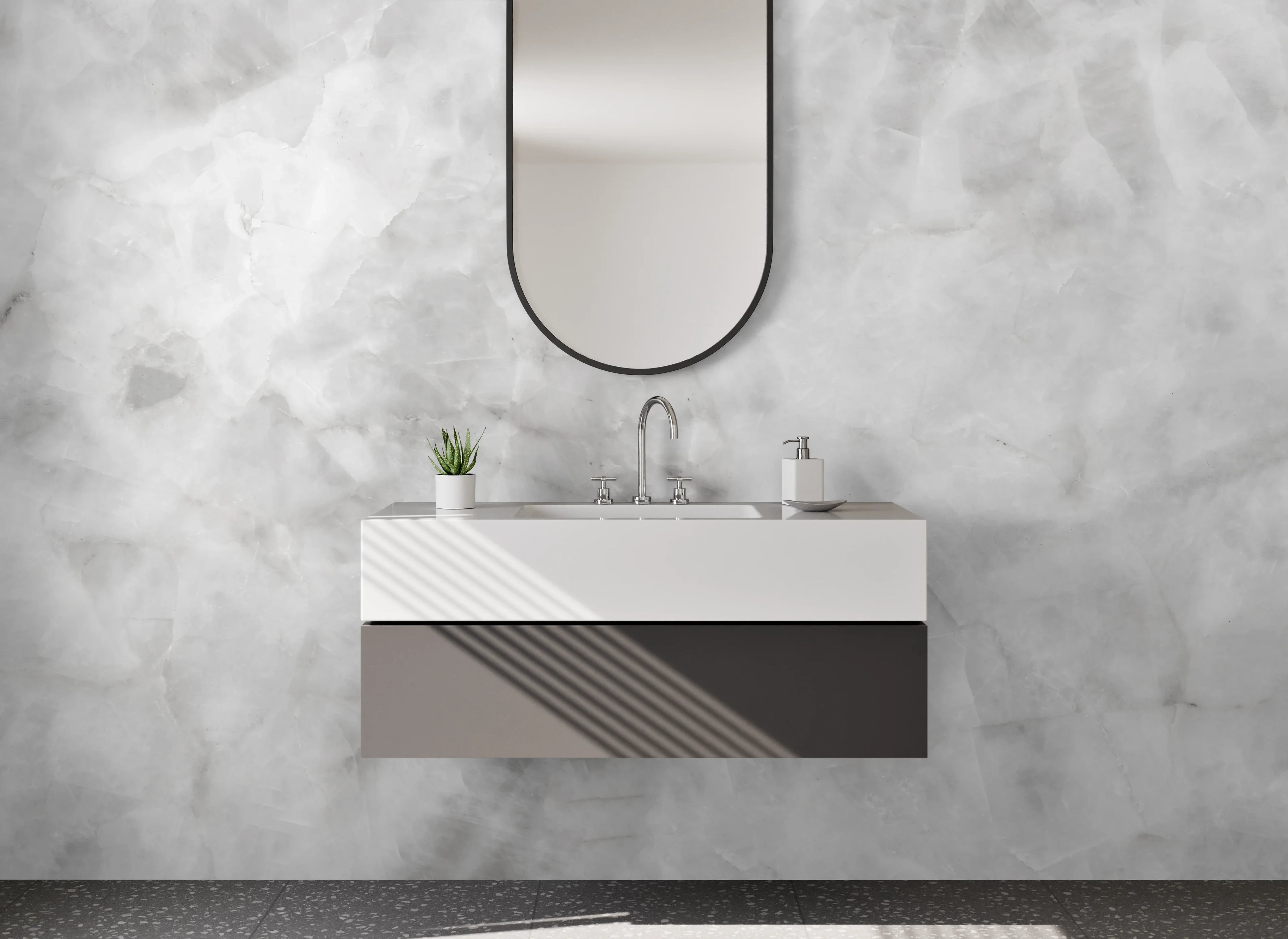 Waschbecken-Rückwand - Weiß-graue Marmoroptik für moderne Räume