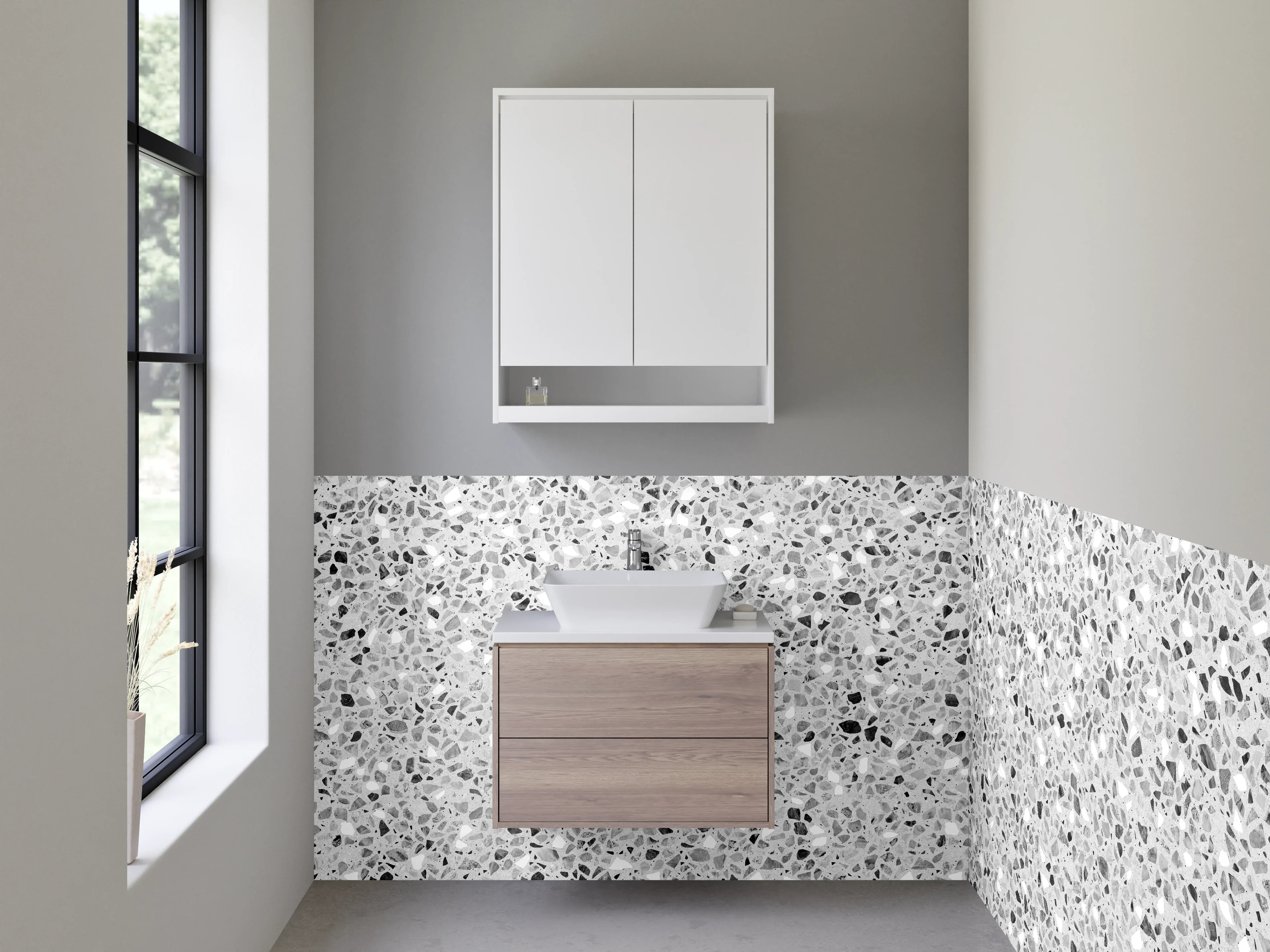 Waschbecken-Rückwand - Weiß-graue Terrazzo-Optik Steinmuster
