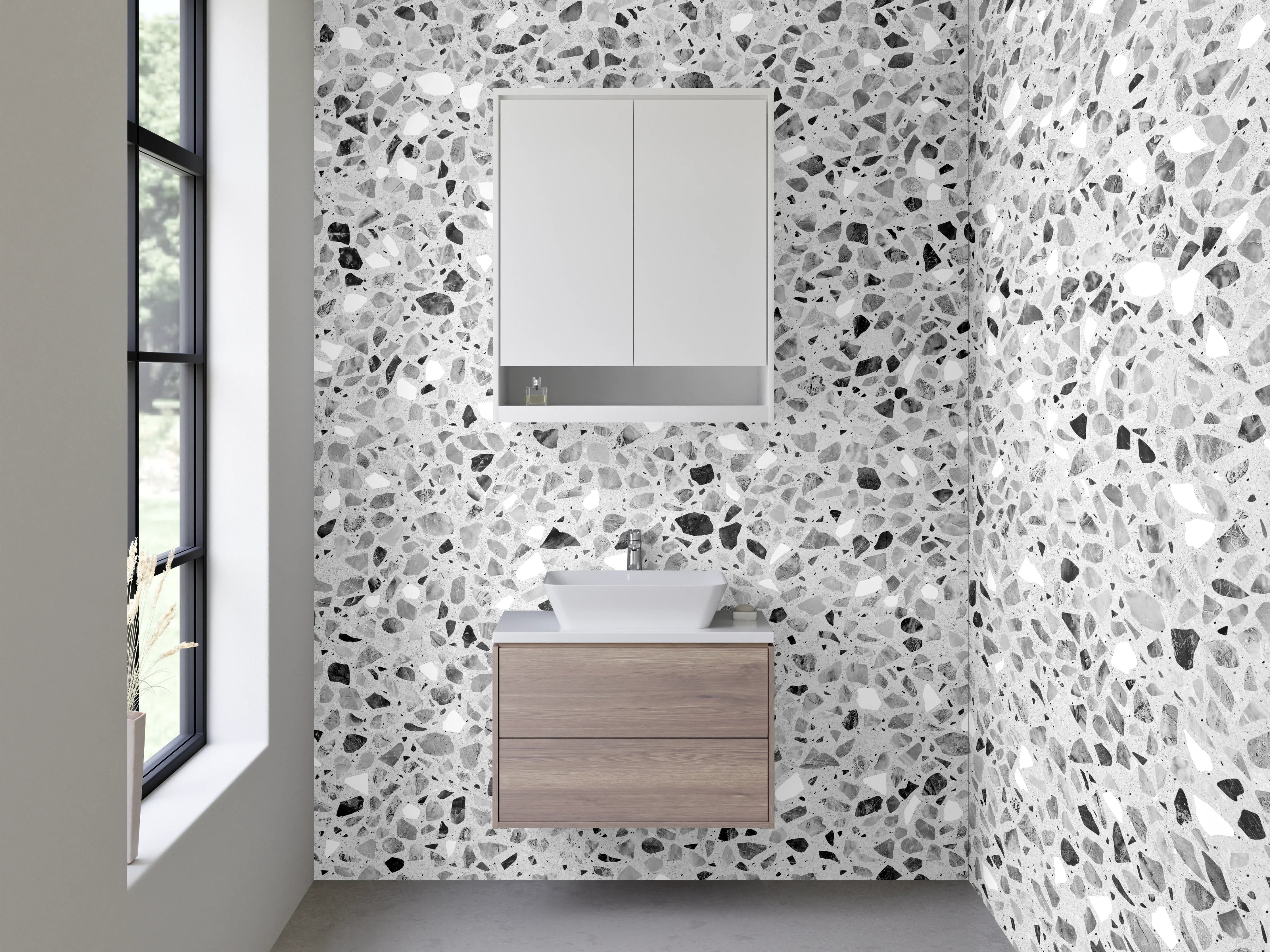 Waschbecken-Rückwand - Weiß-graue Terrazzo-Optik Steinmuster