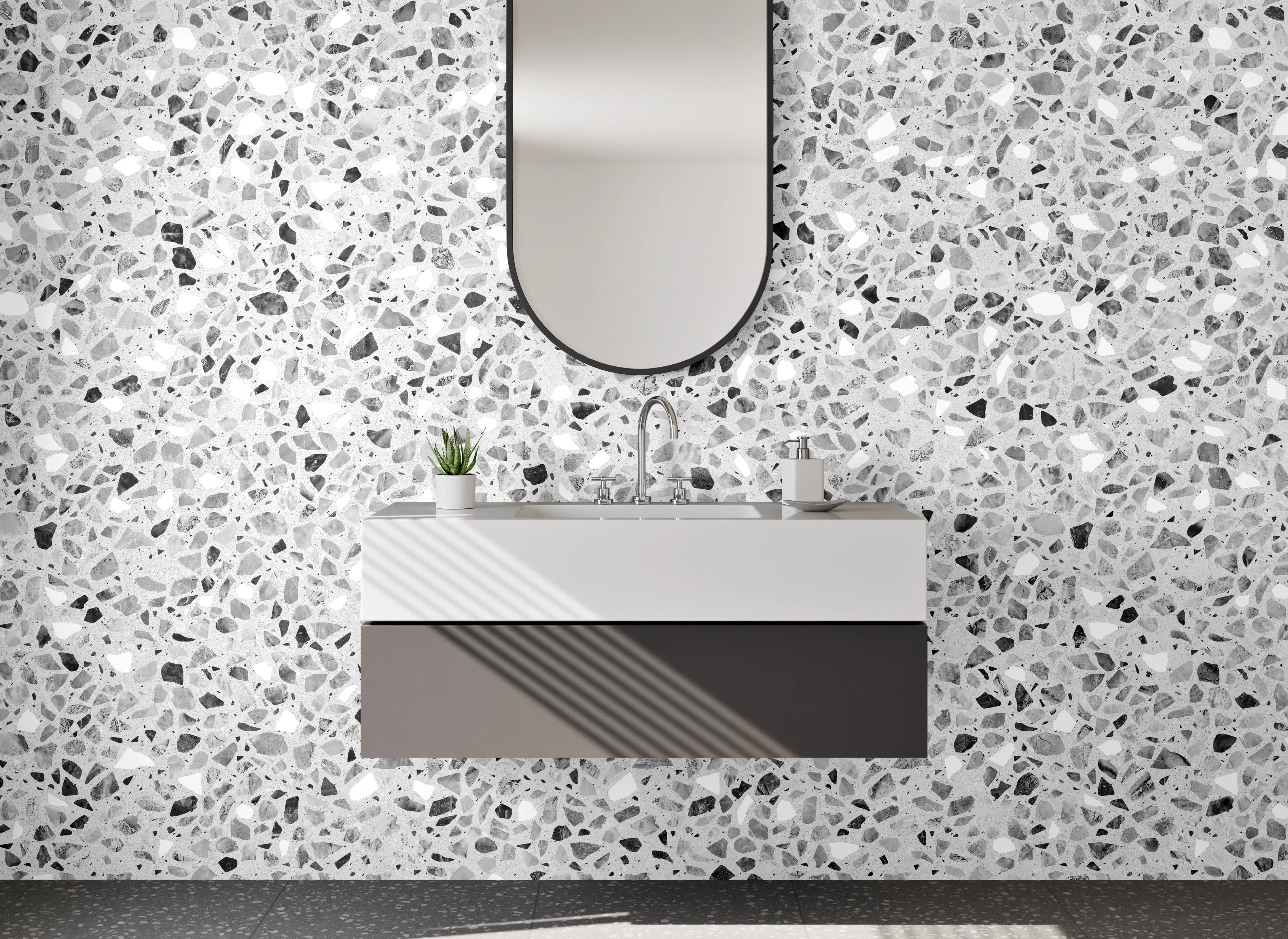 Waschbecken-Rückwand - Weiß-graue Terrazzo-Optik Steinmuster