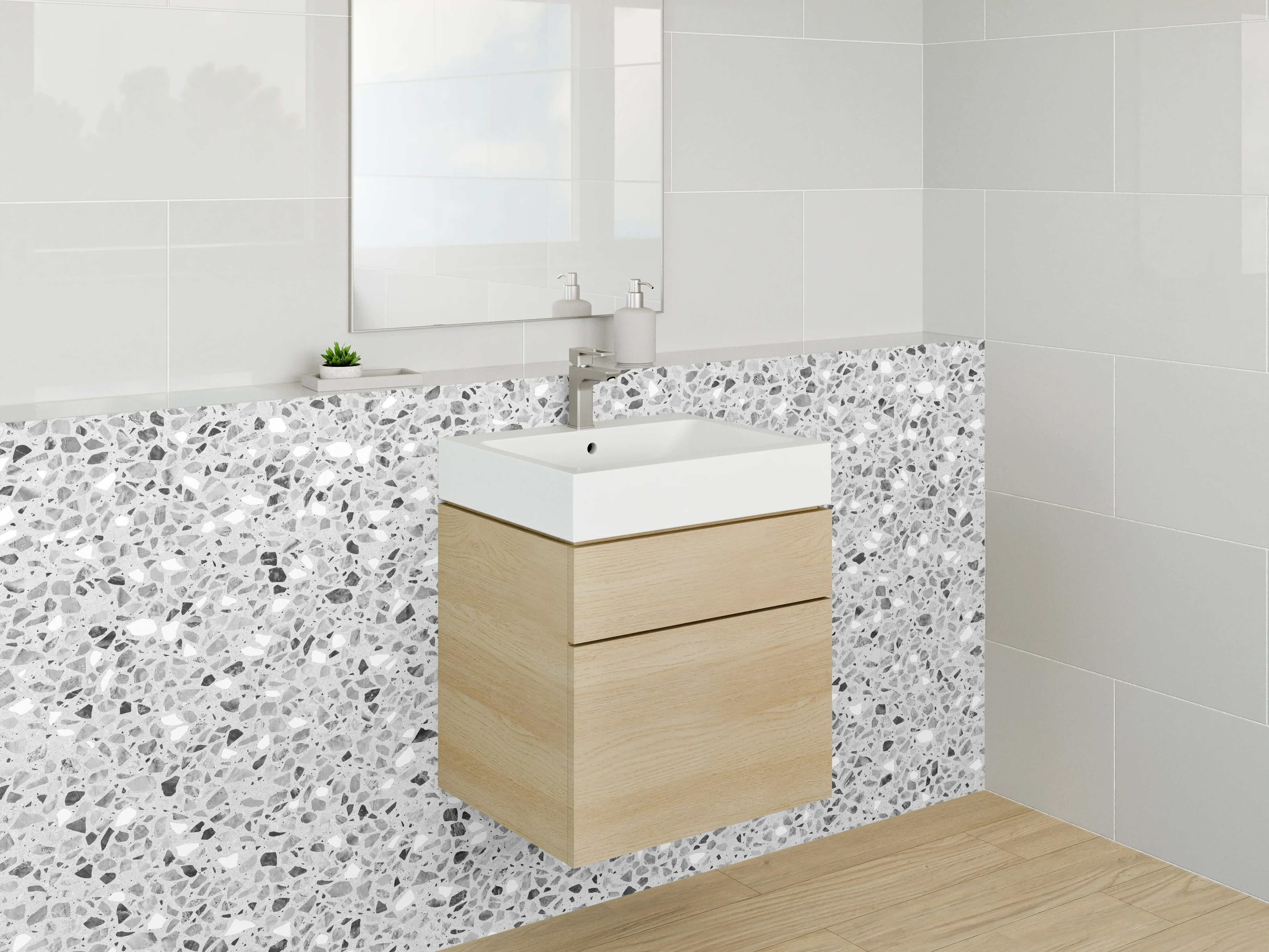 Waschbecken-Rückwand - Weiß-graue Terrazzo-Optik Steinmuster