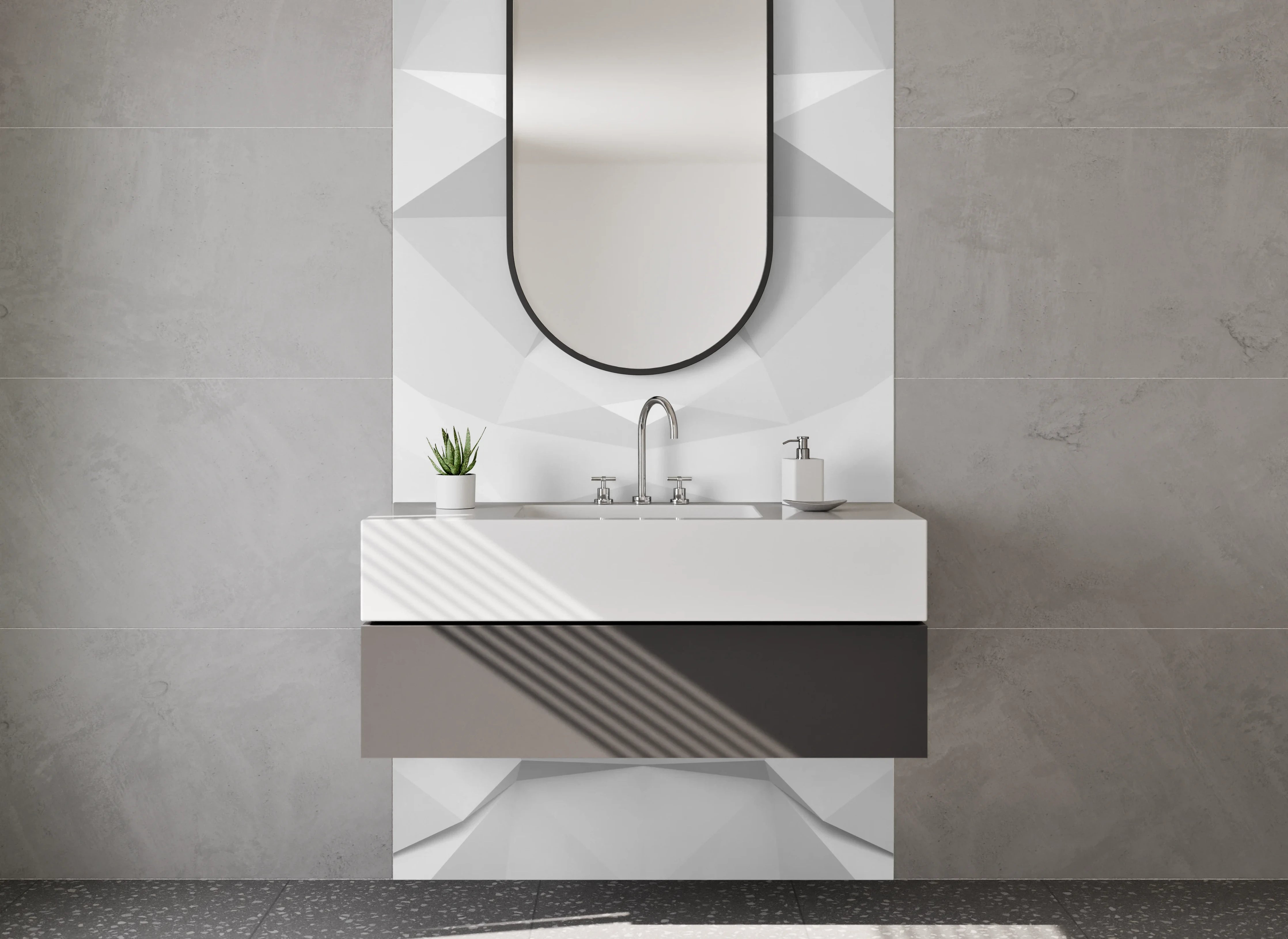 Waschbecken-Rückwand - Weiß-graue geometrische 3D-Optik