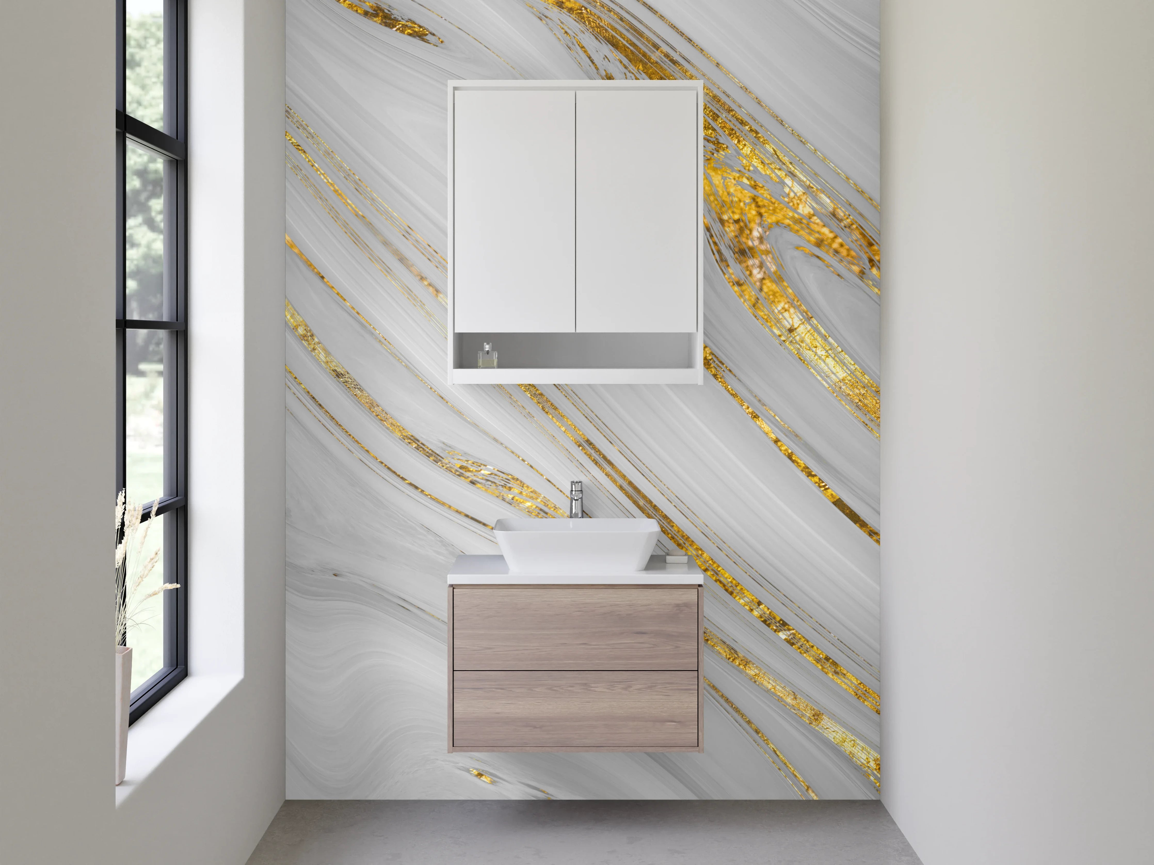 Waschbecken-Rückwand - Weiß-grauer Marmor mit Gold-Details