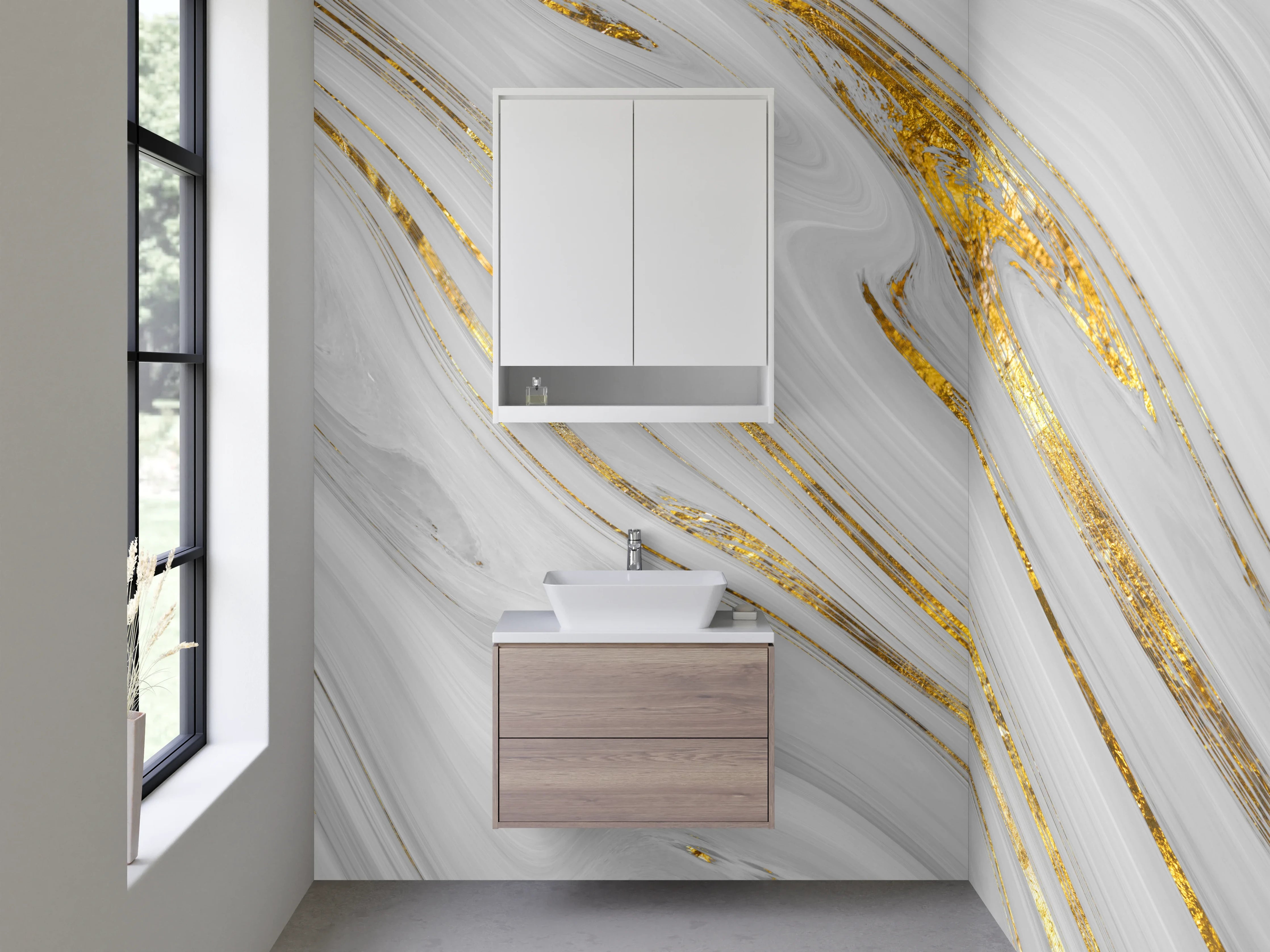 Waschbecken-Rückwand - Weiß-grauer Marmor mit Gold-Details