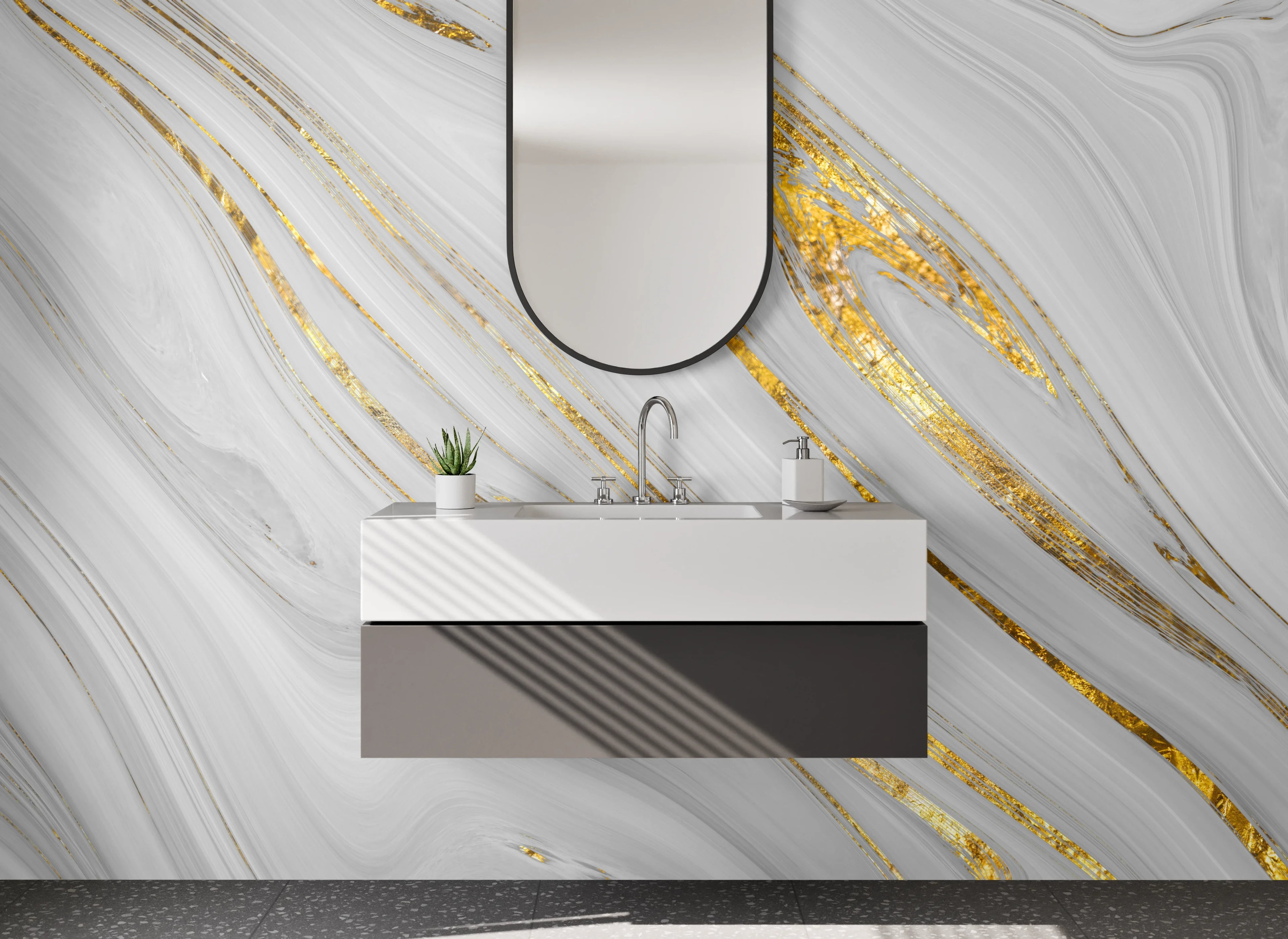 Waschbecken-Rückwand - Weiß-grauer Marmor mit Gold-Details