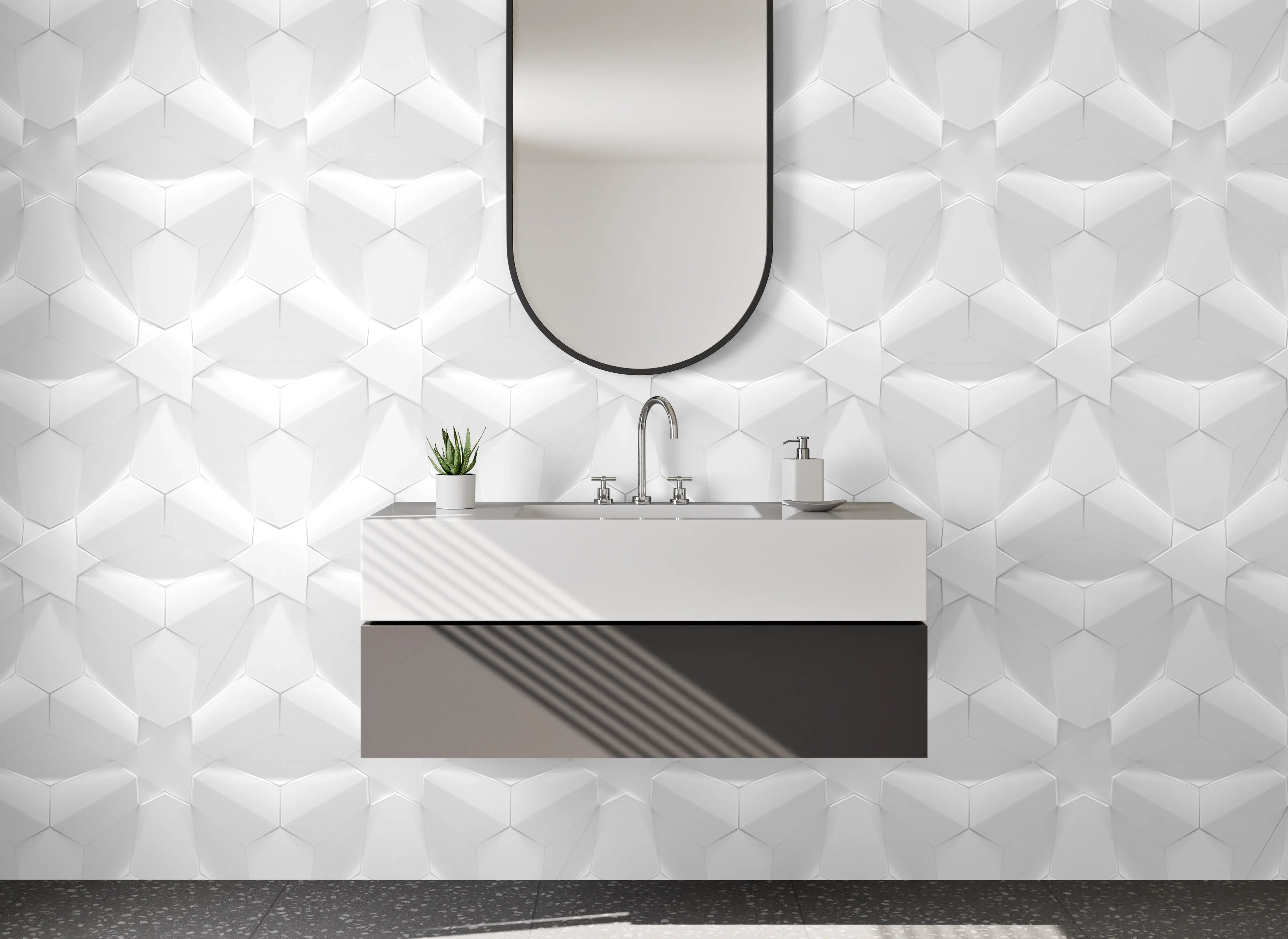 Waschbecken-Rückwand - Weiß-graues 3D Muster Design