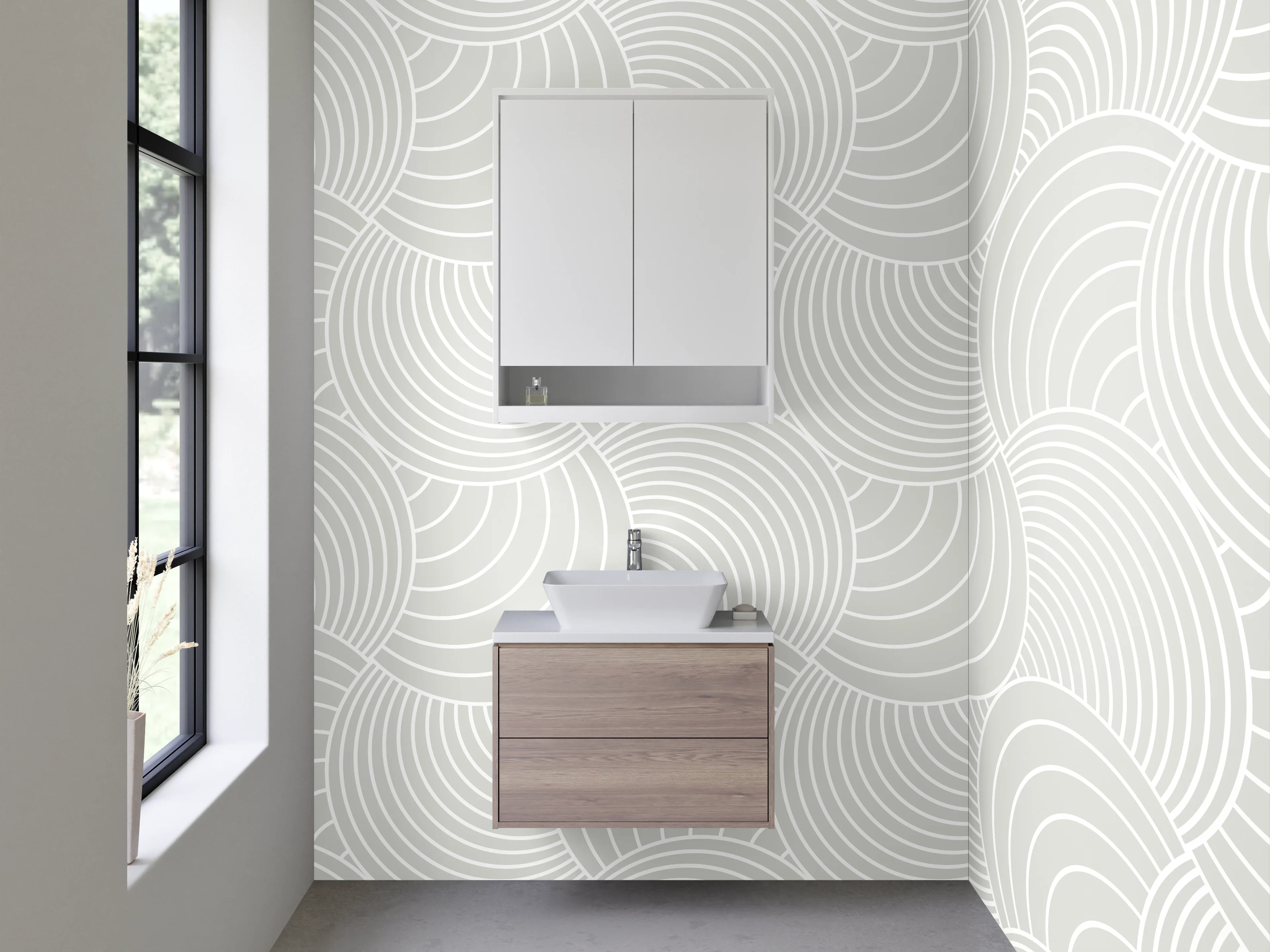 Waschbecken-Rückwand - Weiß-graues Art Deco Wellenmuster